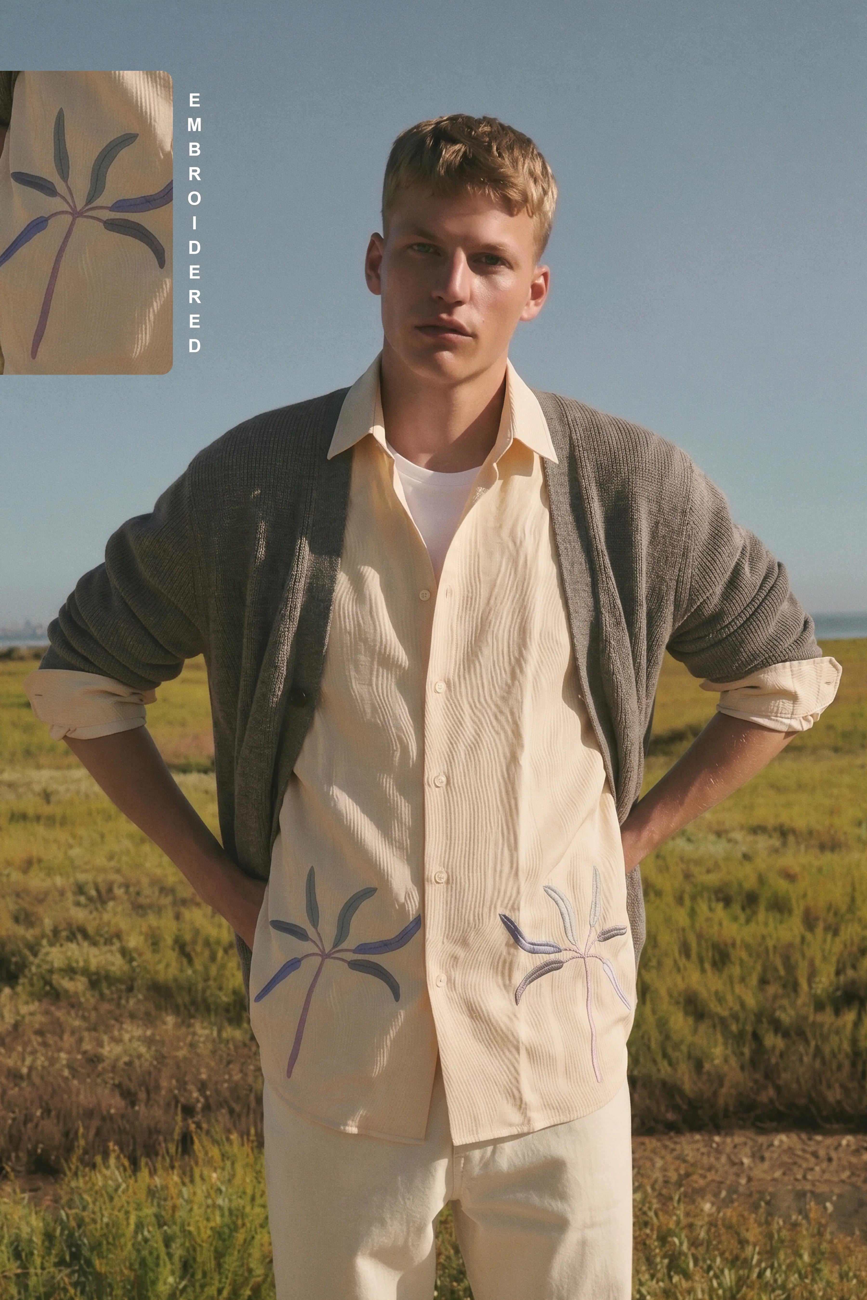 OASIS PALM EMBROIDERED REGULAR FIT VISCOSE CREAM SHIRT