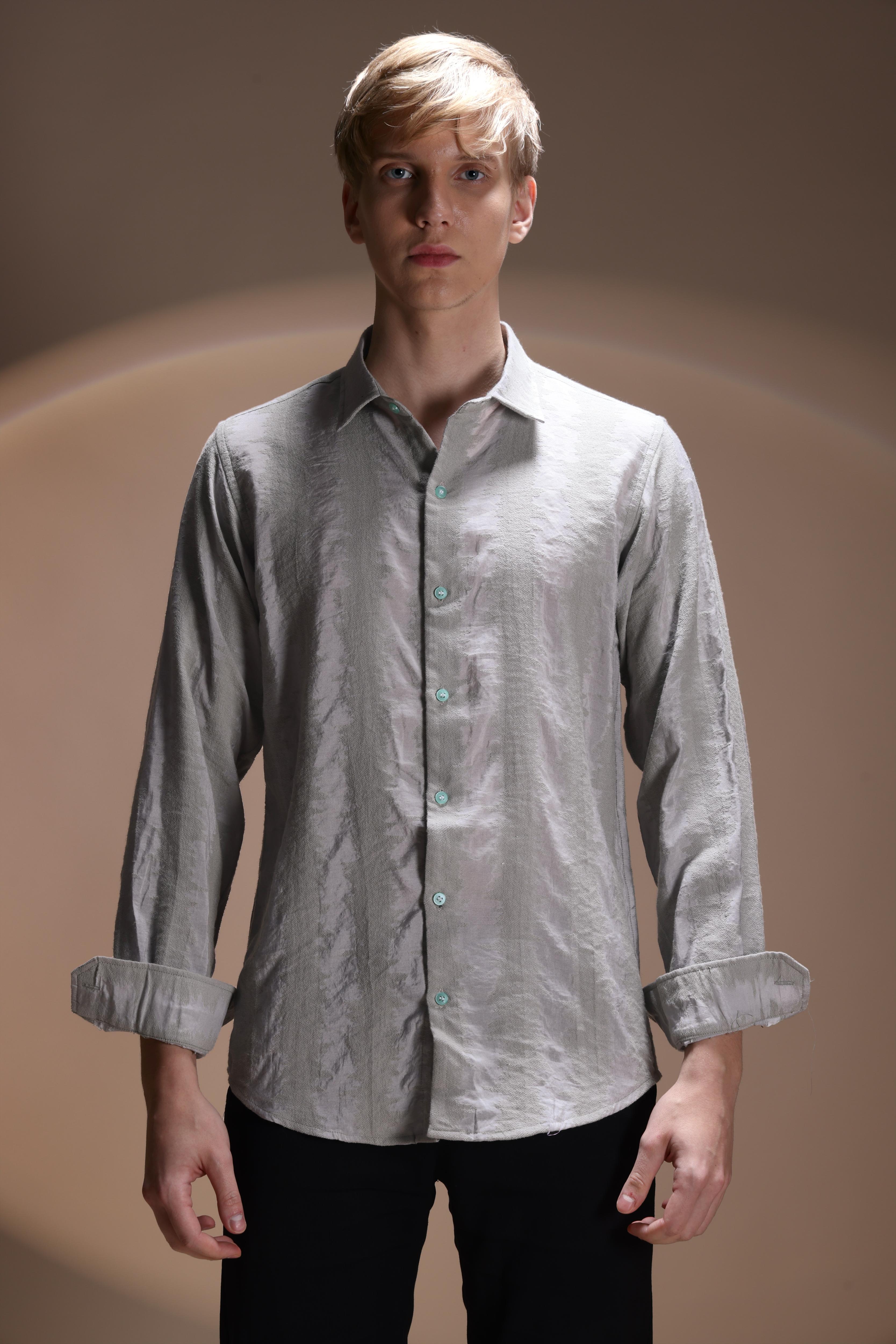 JACQUARD TEXTURE WAVE REGULAR FIT GREY SHIRT