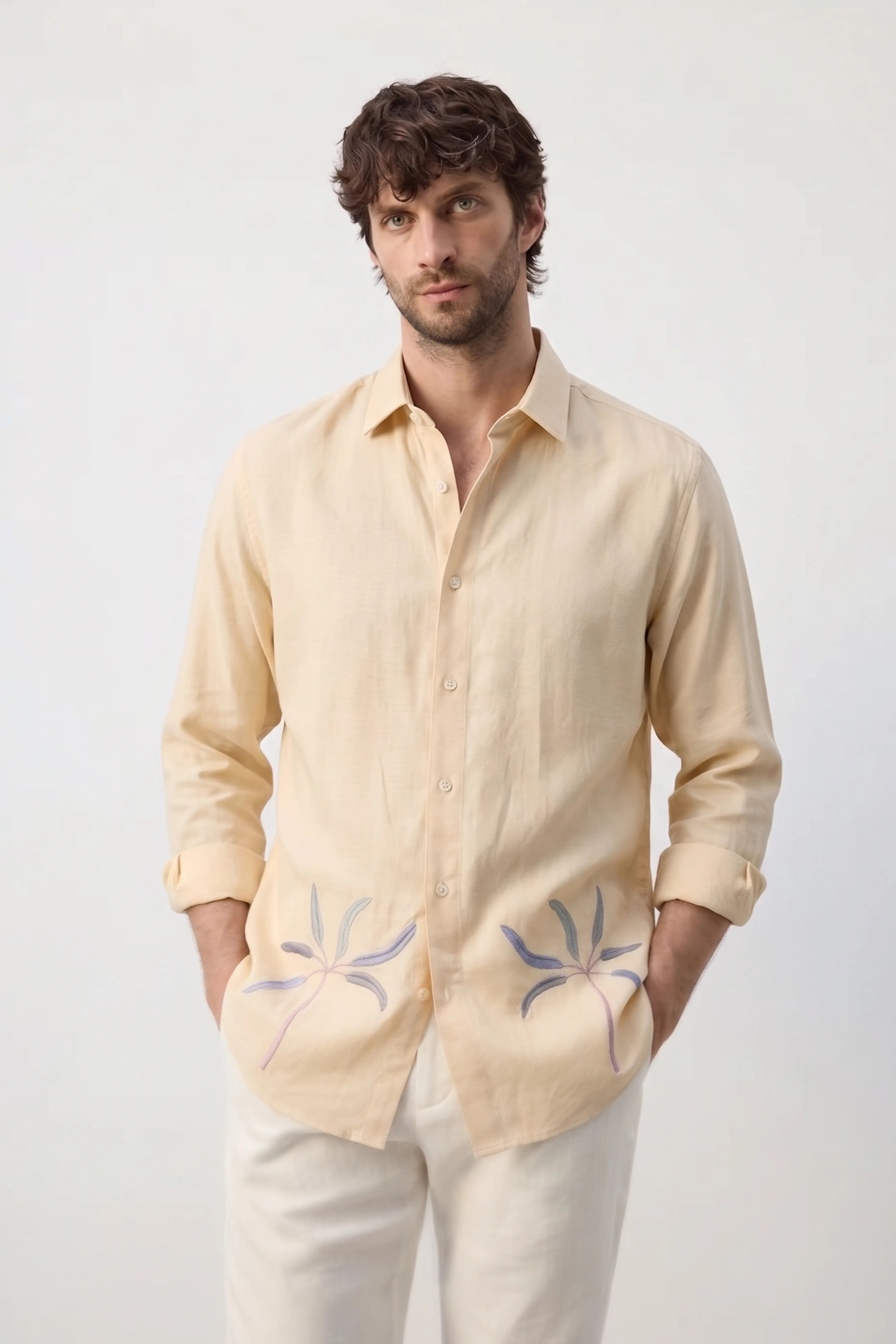OASIS PALM EMBROIDERED REGULAR FIT VISCOSE CREAM SHIRT