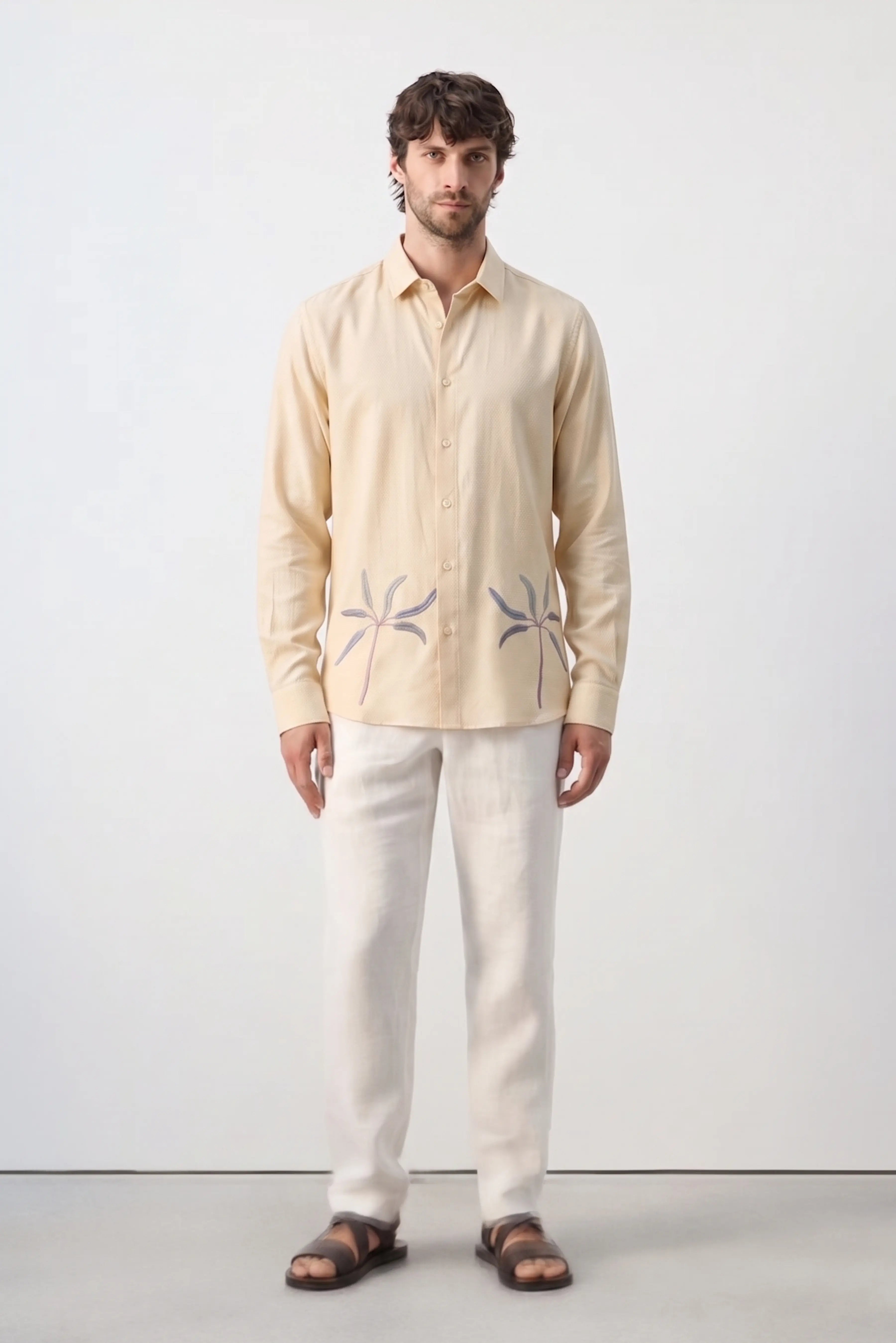 OASIS PALM EMBROIDERED REGULAR FIT VISCOSE CREAM SHIRT