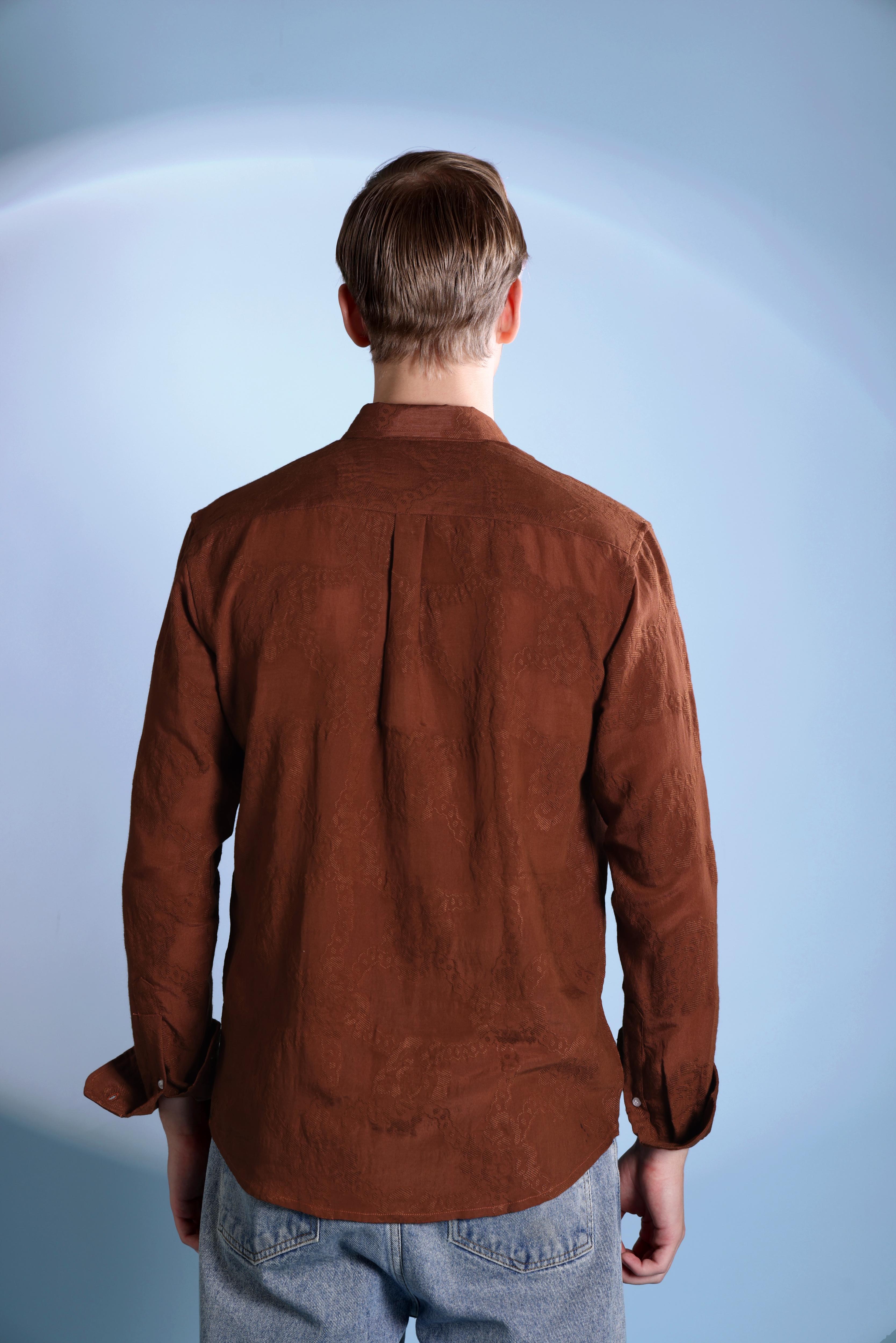 JACQUARD ELEGENCE TEXTURE REGULAR FIT RUST SHIRT
