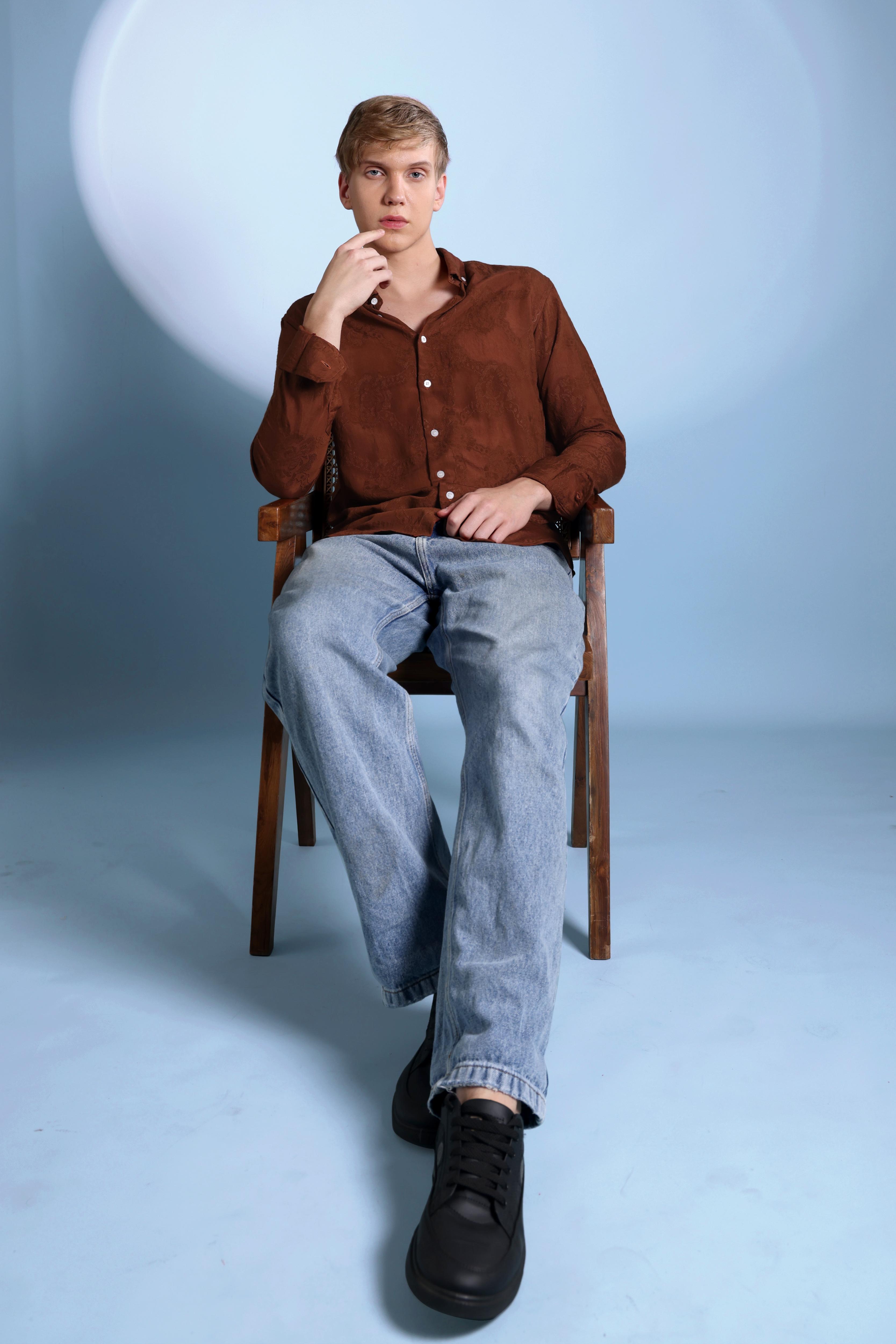 JACQUARD ELEGENCE TEXTURE REGULAR FIT RUST SHIRT