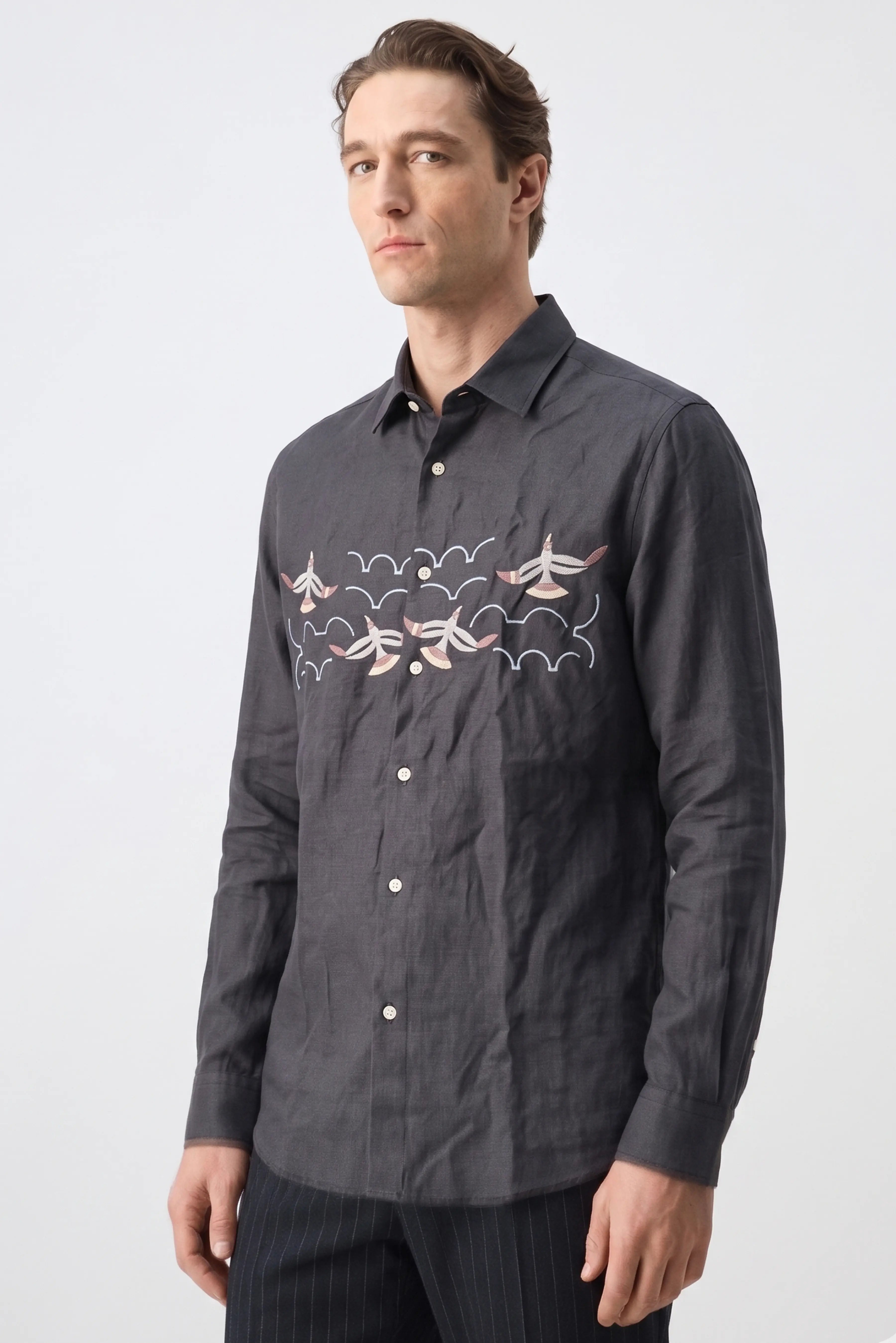 SEAGULL HORIZON EMBROIDERED REGULAR FIT VISCOSE SEA BLUE SHIRT