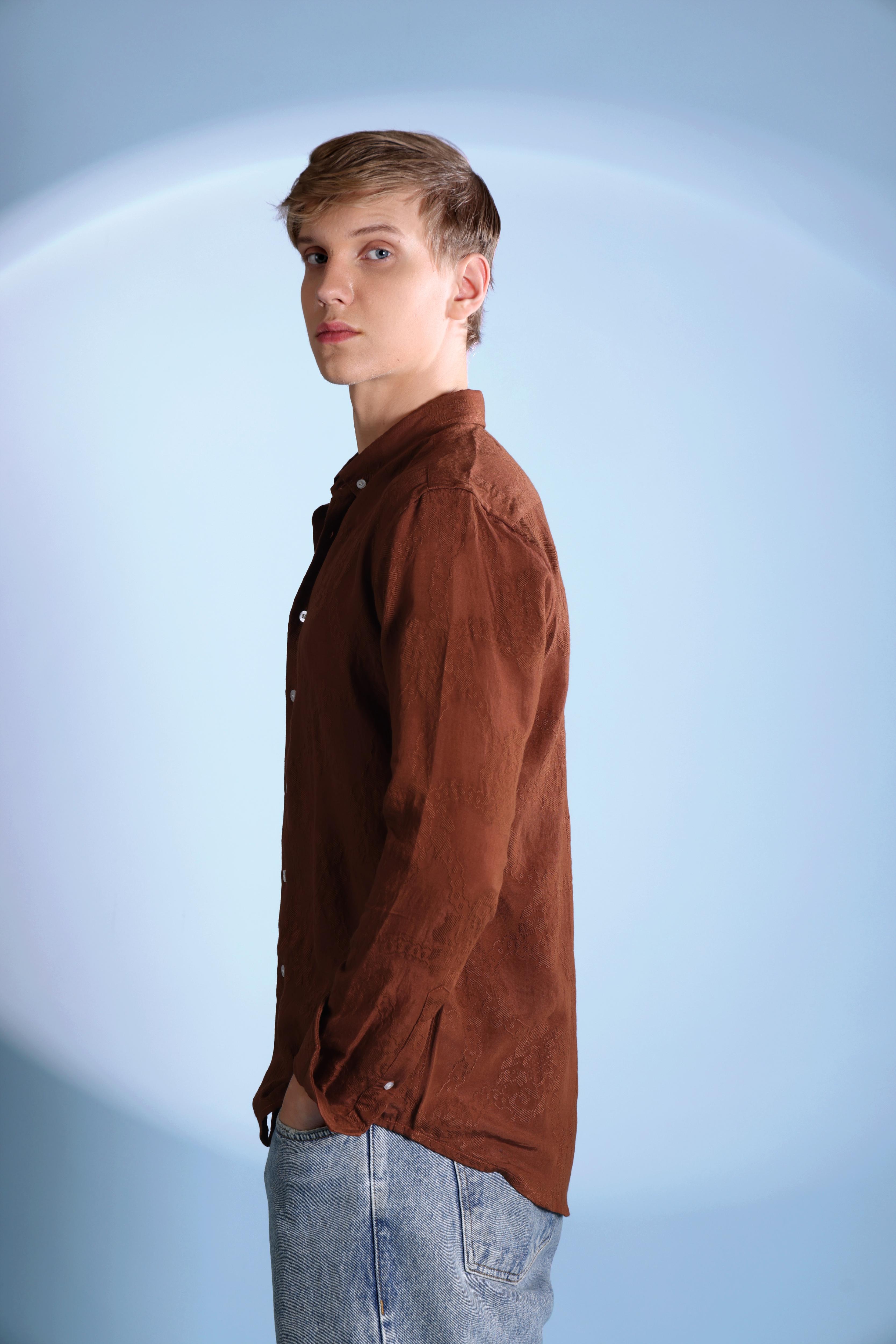 JACQUARD ELEGENCE TEXTURE REGULAR FIT RUST SHIRT