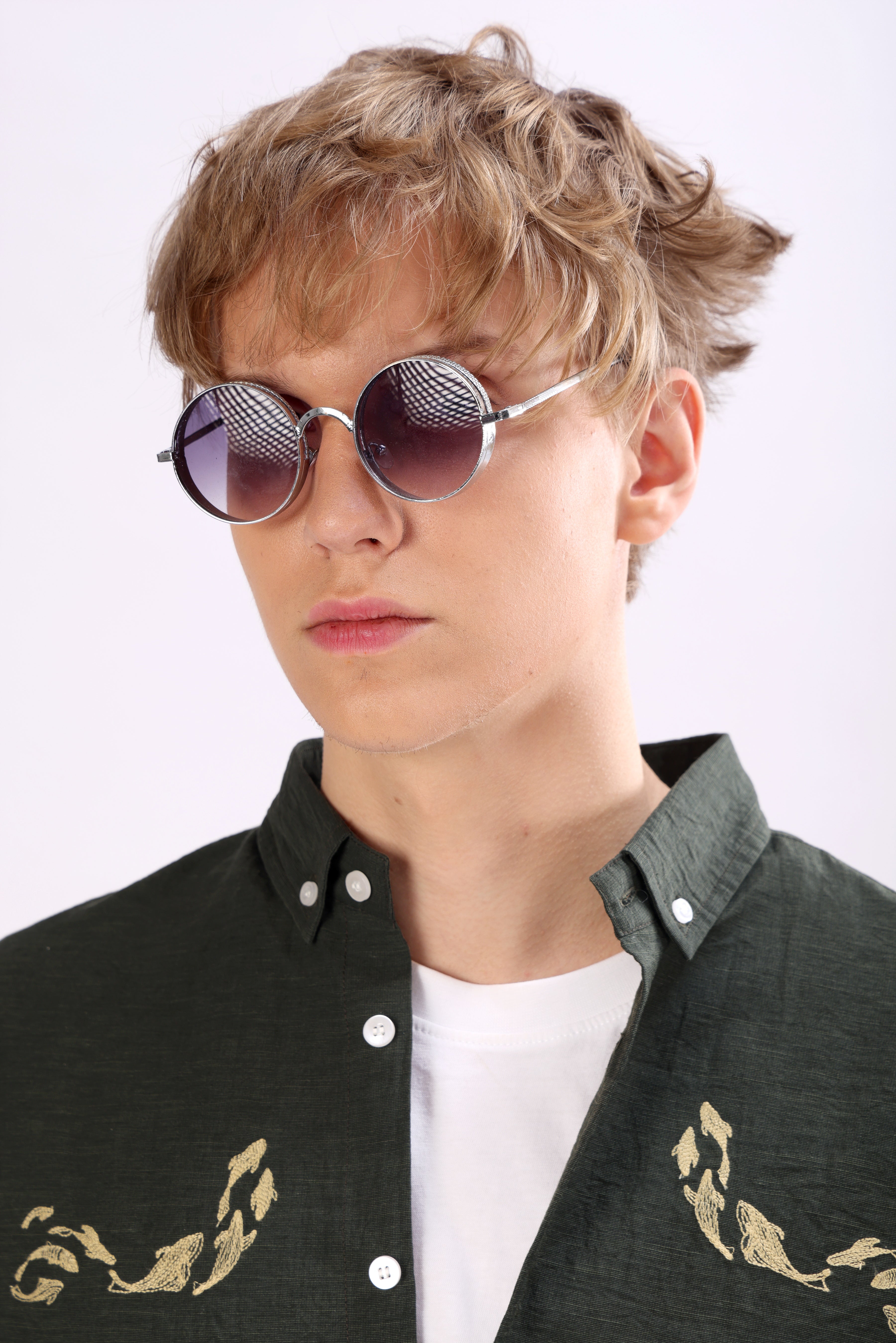 REGULAR FIT LINEN BLEND DOLPHIN EMBROIDERED SHIRT