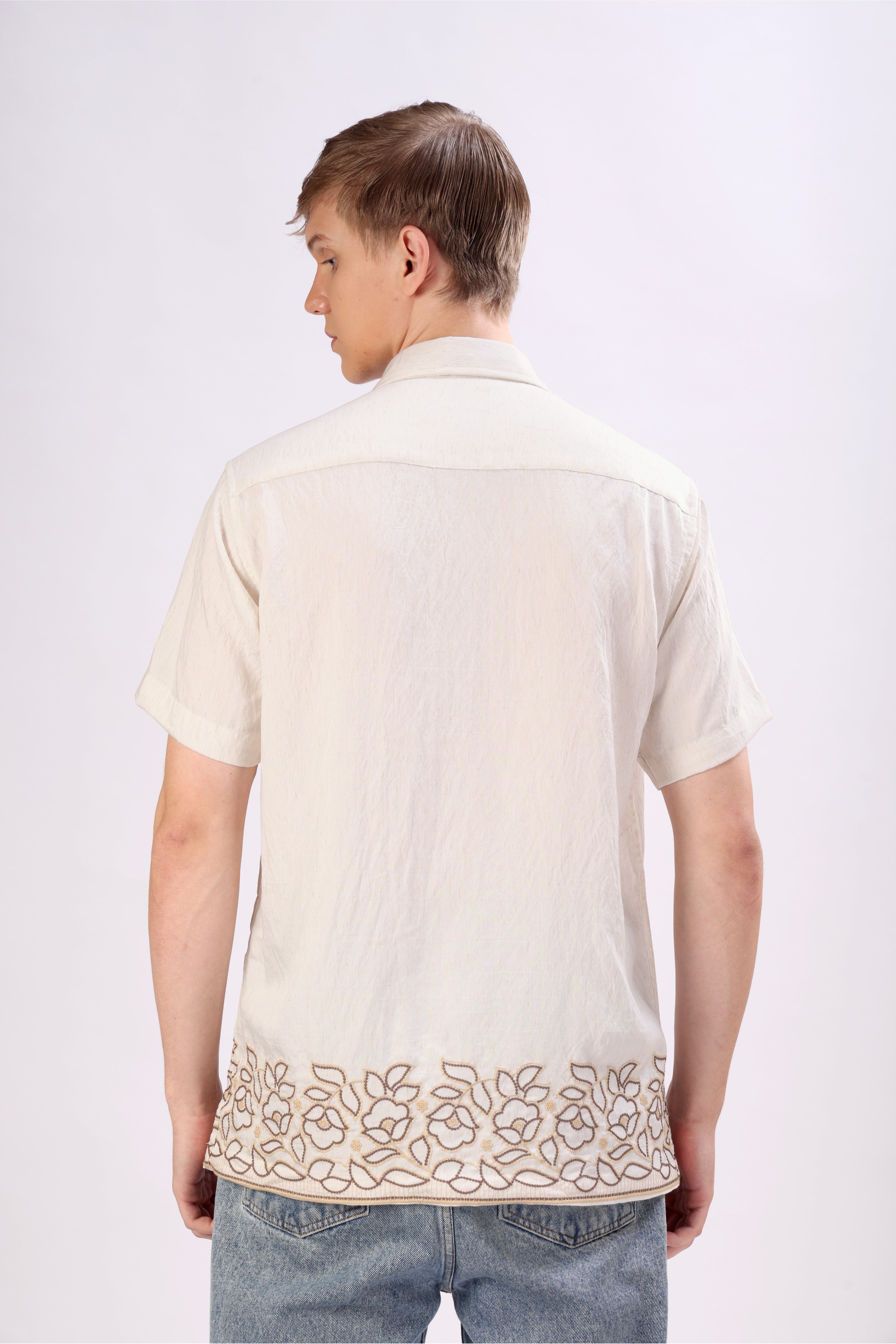 LINEN BLEND FLOWERS EMBROIDERED HALF SLEEVE SHIRT