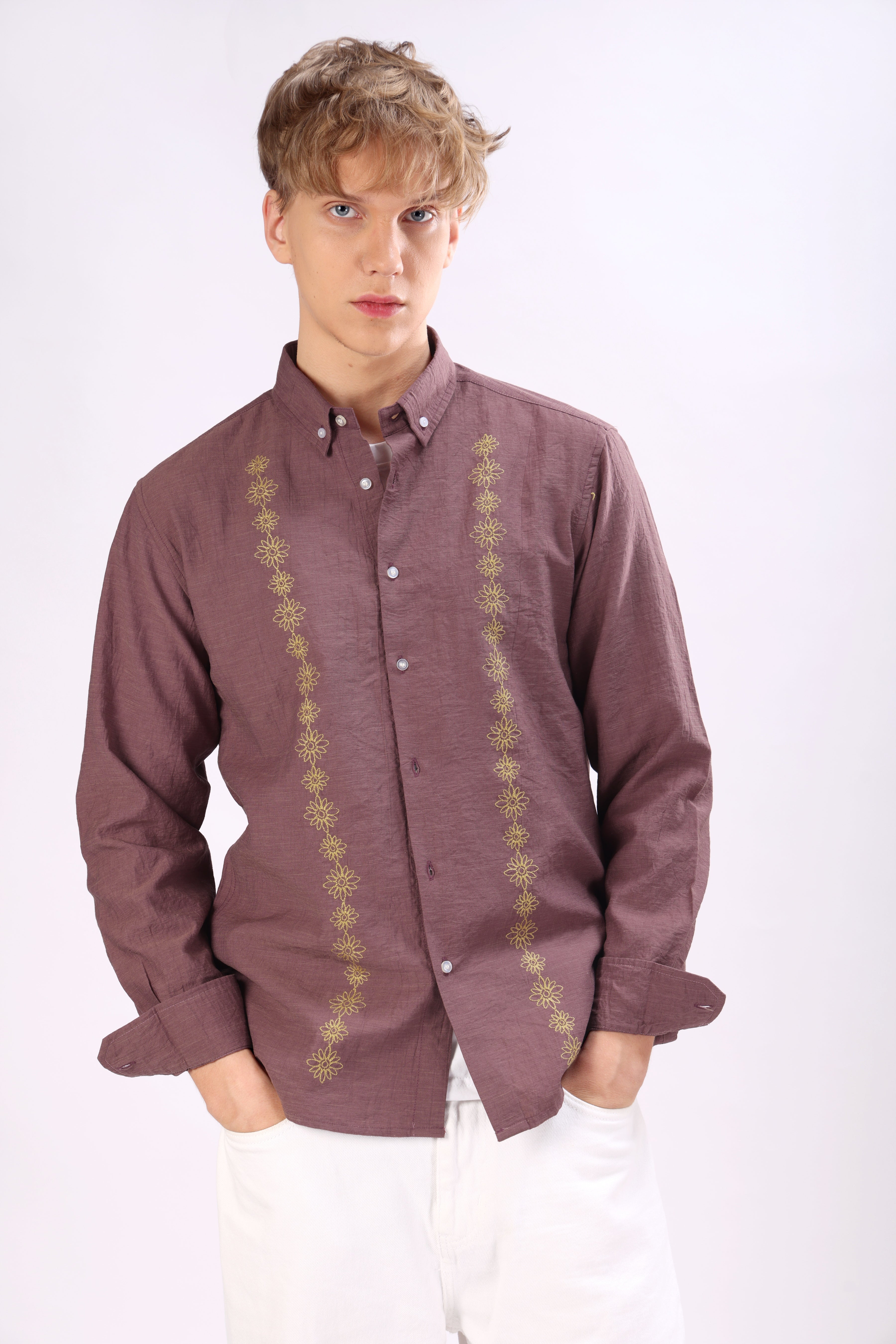 REGULAR FIT LINEN BLEND FLOWERD EMBROIDERED SHIRT