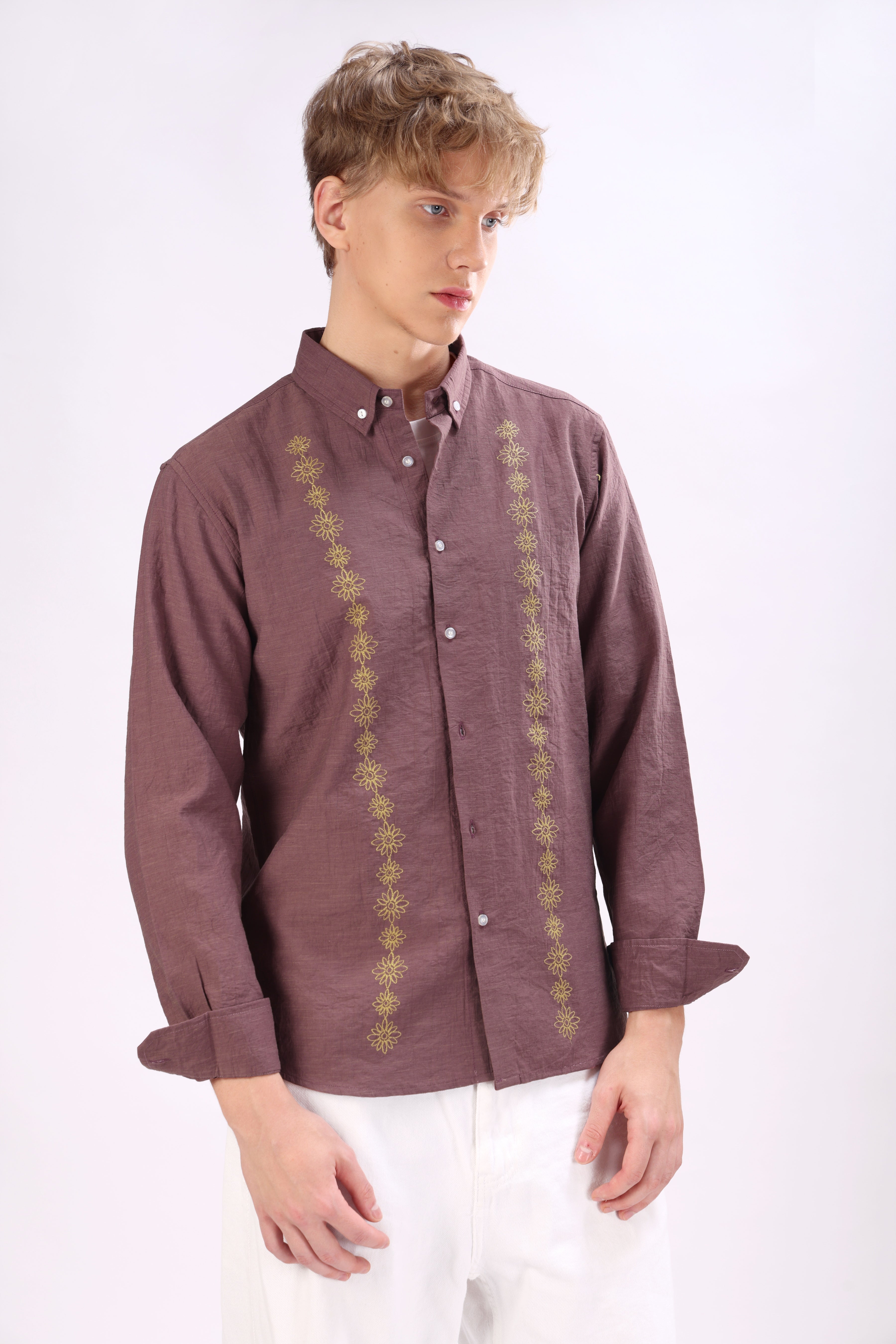 REGULAR FIT LINEN BLEND FLOWERD EMBROIDERED SHIRT