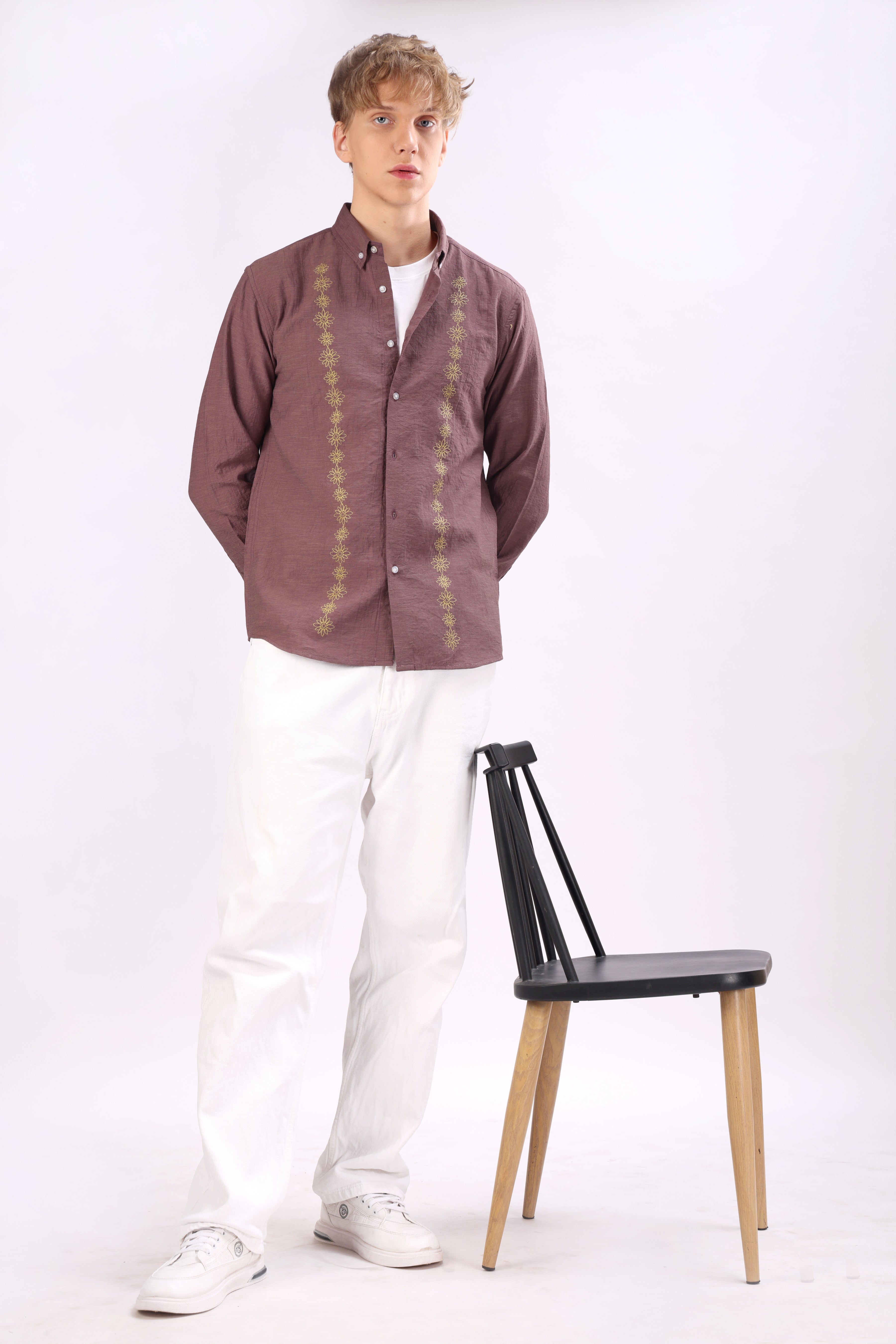 REGULAR FIT LINEN BLEND FLOWERD EMBROIDERED SHIRT