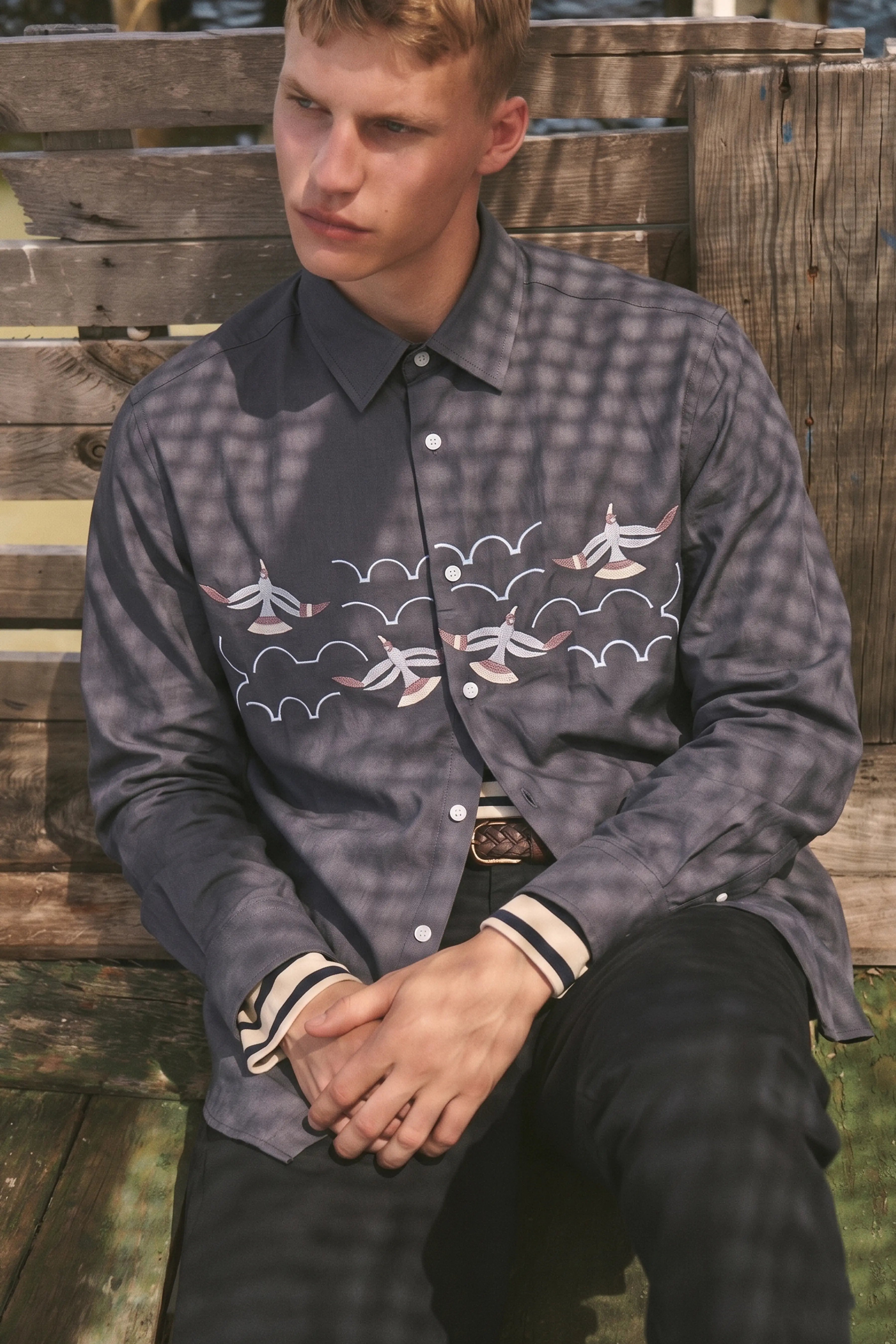 SEAGULL HORIZON EMBROIDERED REGULAR FIT VISCOSE SEA BLUE SHIRT