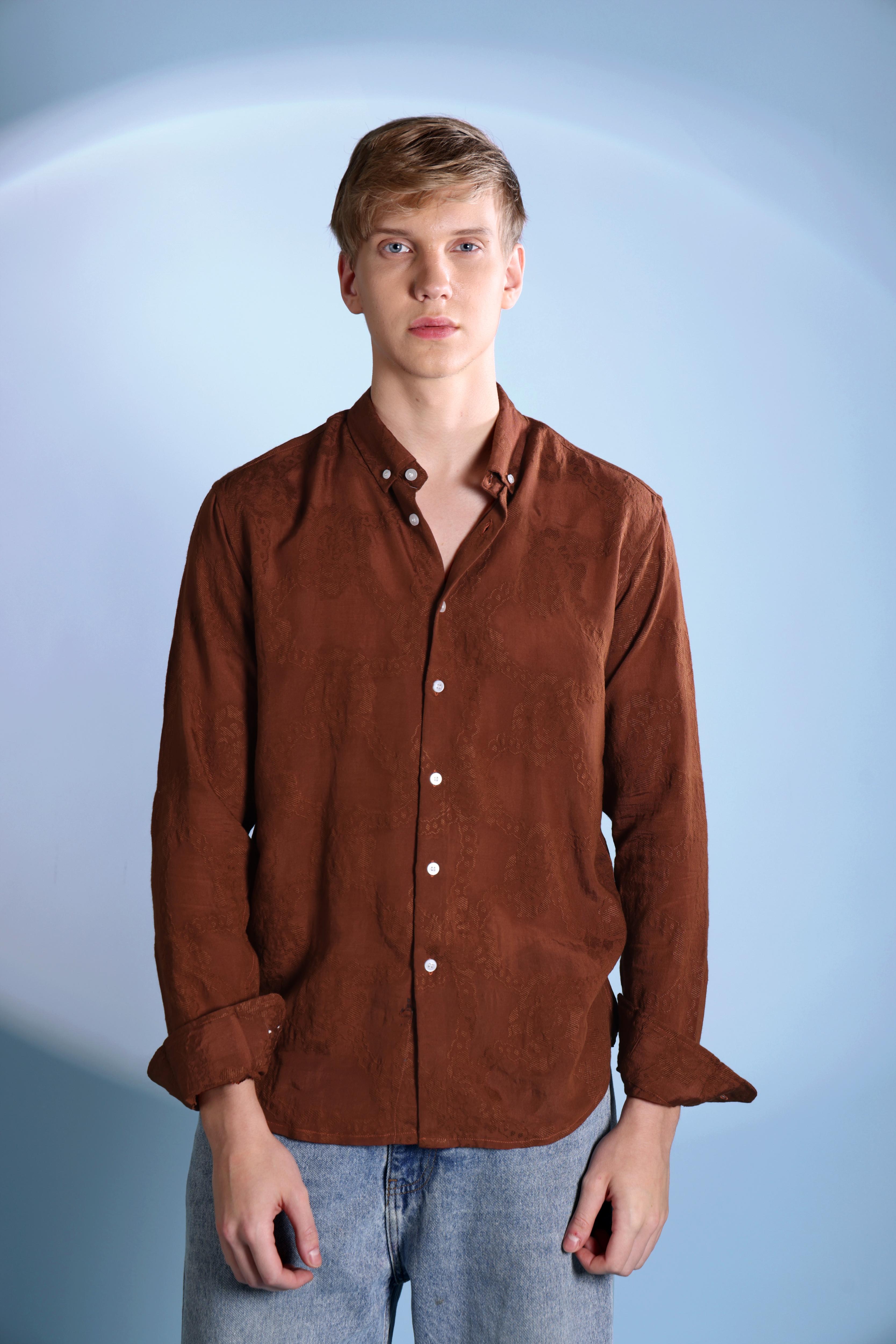 JACQUARD ELEGENCE TEXTURE REGULAR FIT RUST SHIRT