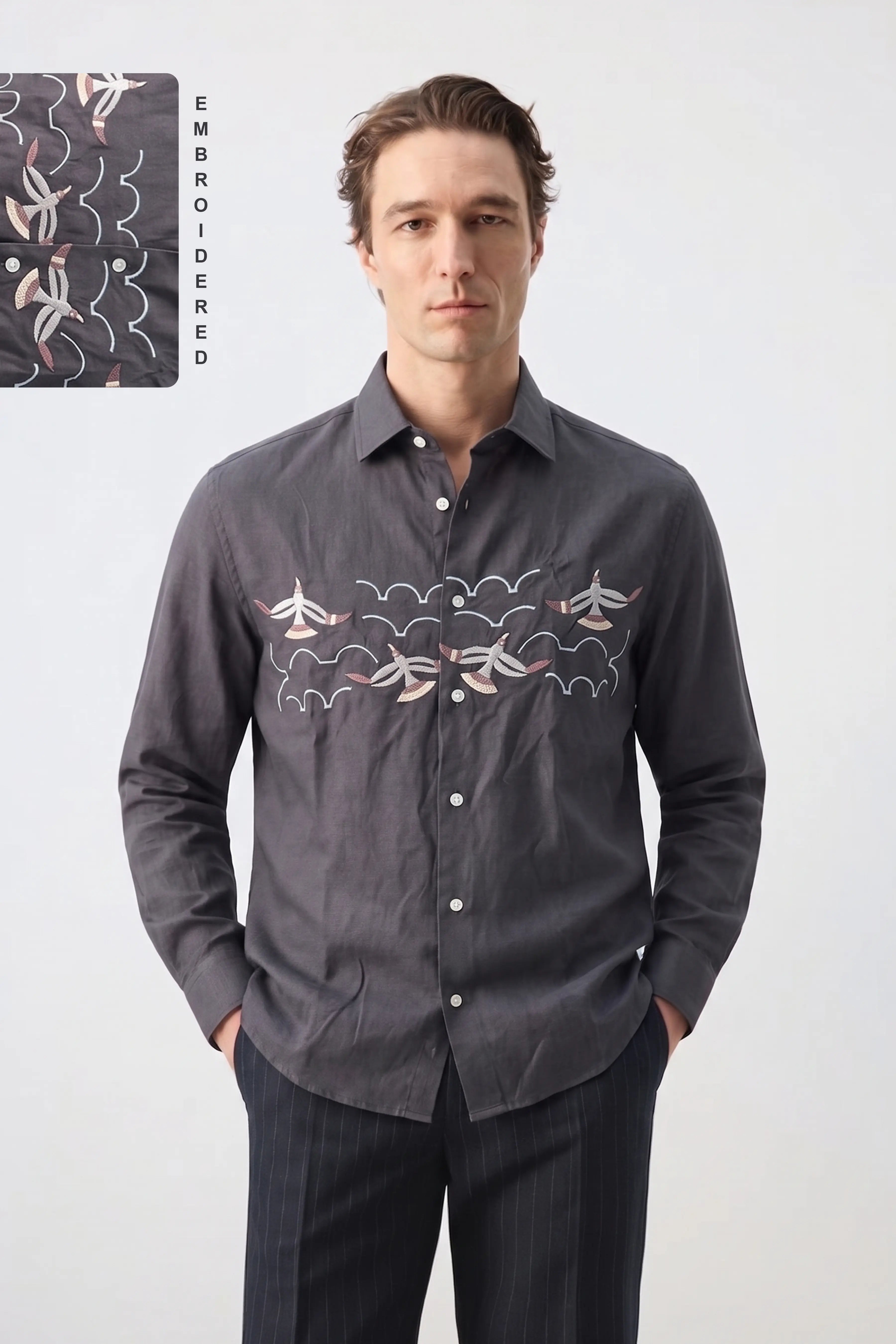 SEAGULL HORIZON EMBROIDERED REGULAR FIT VISCOSE SEA BLUE SHIRT