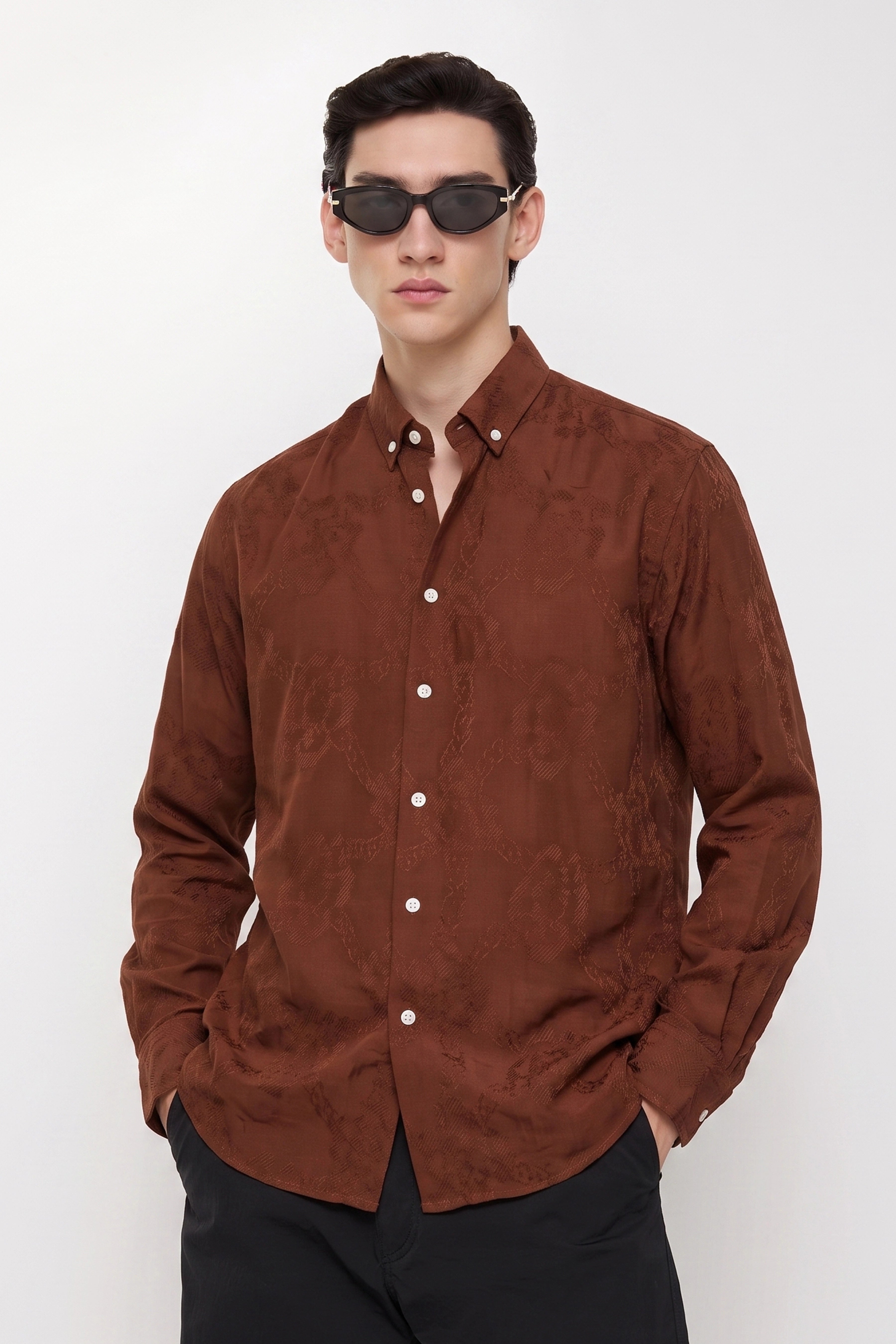 JACQUARD ELEGENCE TEXTURE REGULAR FIT CREAMY RUST SHIRT