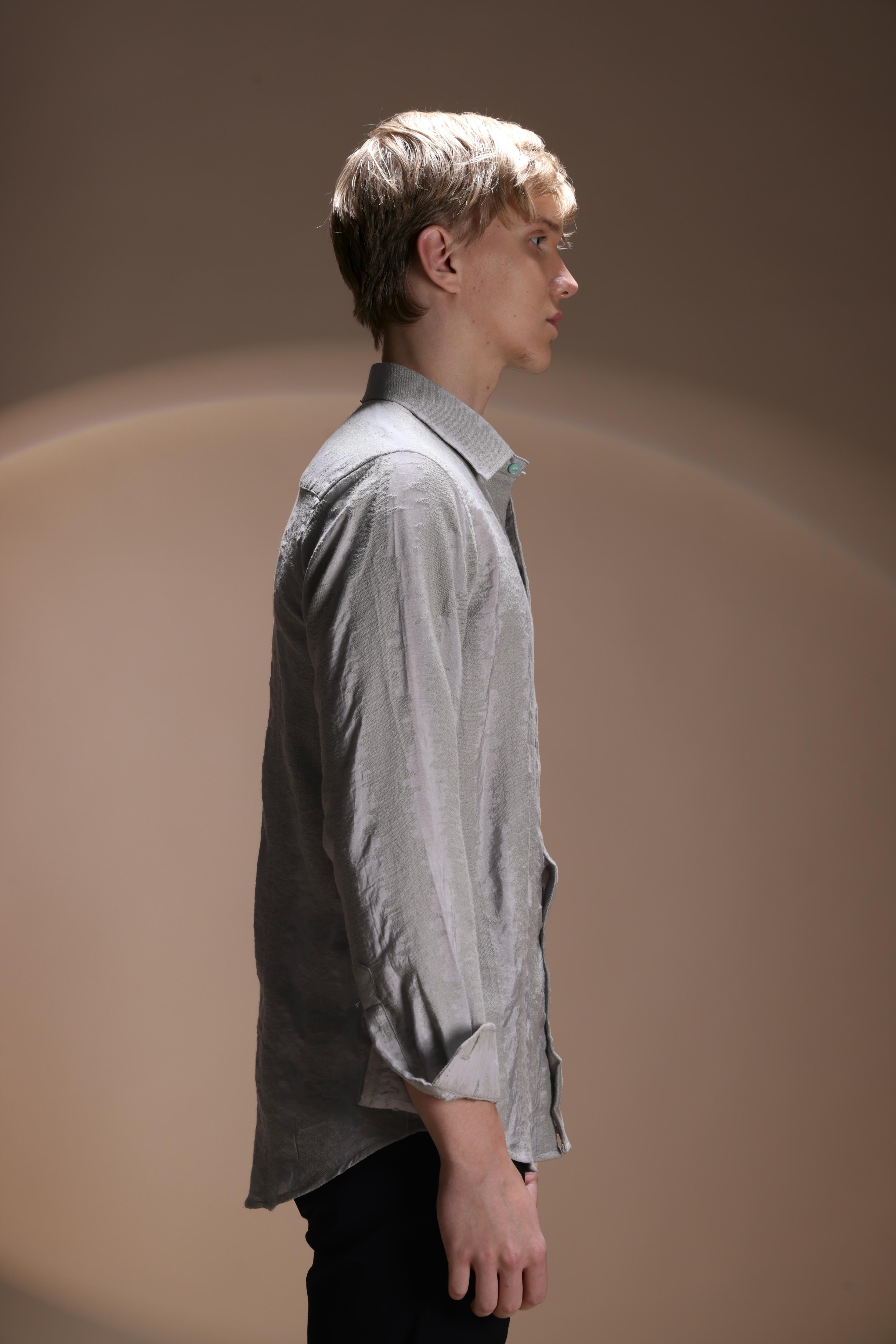 JACQUARD TEXTURE WAVE REGULAR FIT GREY SHIRT