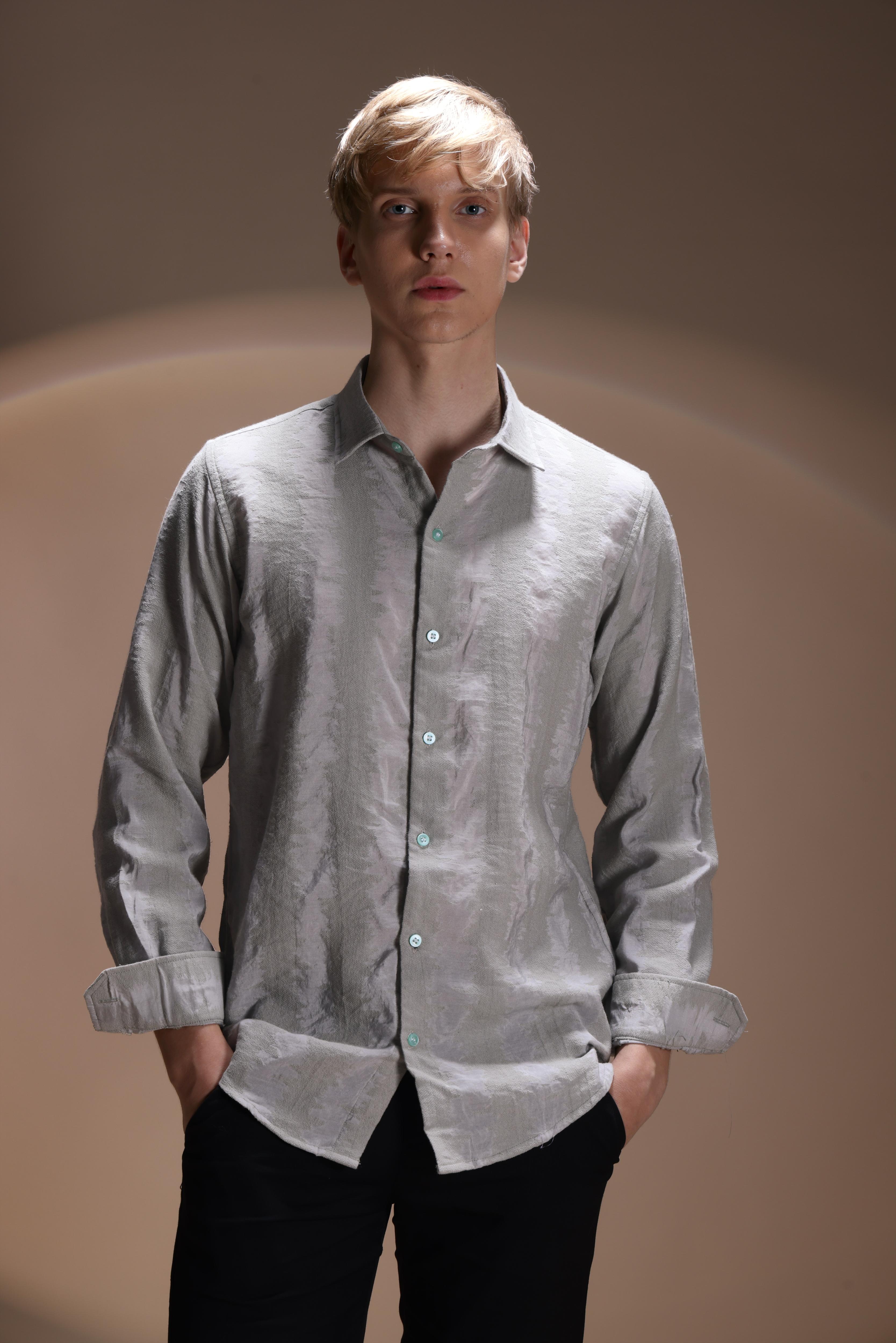 JACQUARD TEXTURE WAVE REGULAR FIT GREY SHIRT