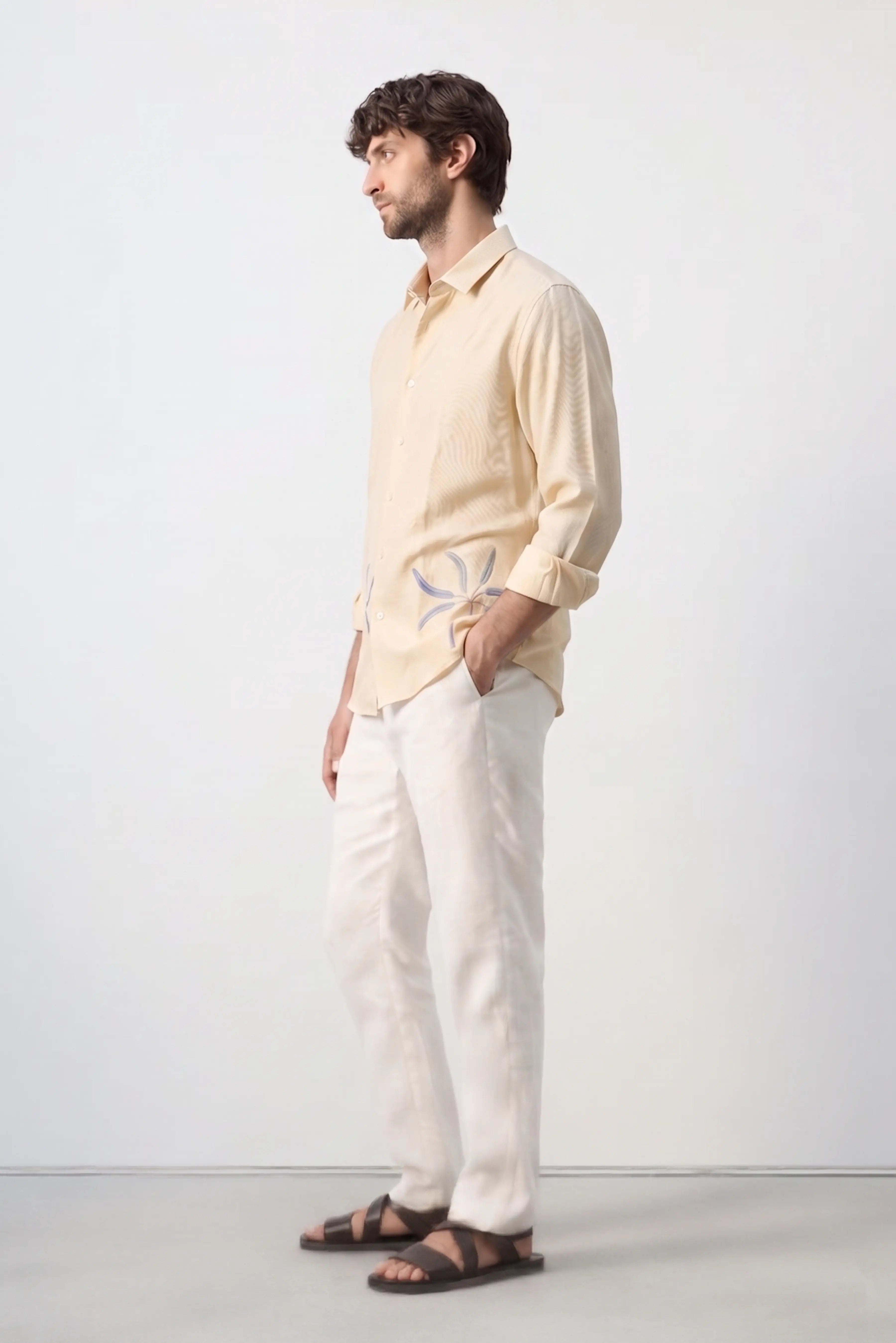OASIS PALM EMBROIDERED REGULAR FIT VISCOSE CREAM SHIRT