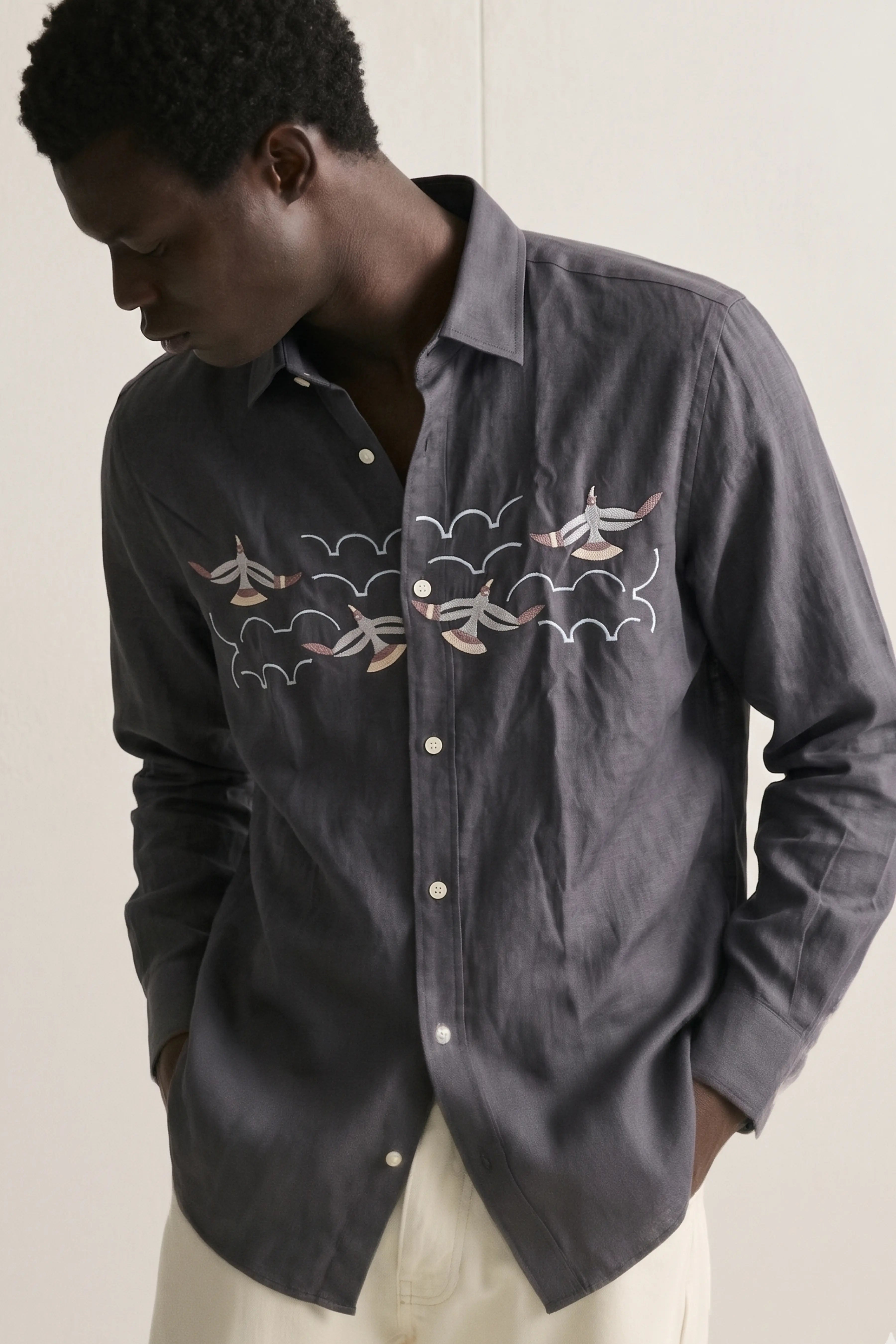 SEAGULL HORIZON EMBROIDERED REGULAR FIT VISCOSE SEA BLUE SHIRT