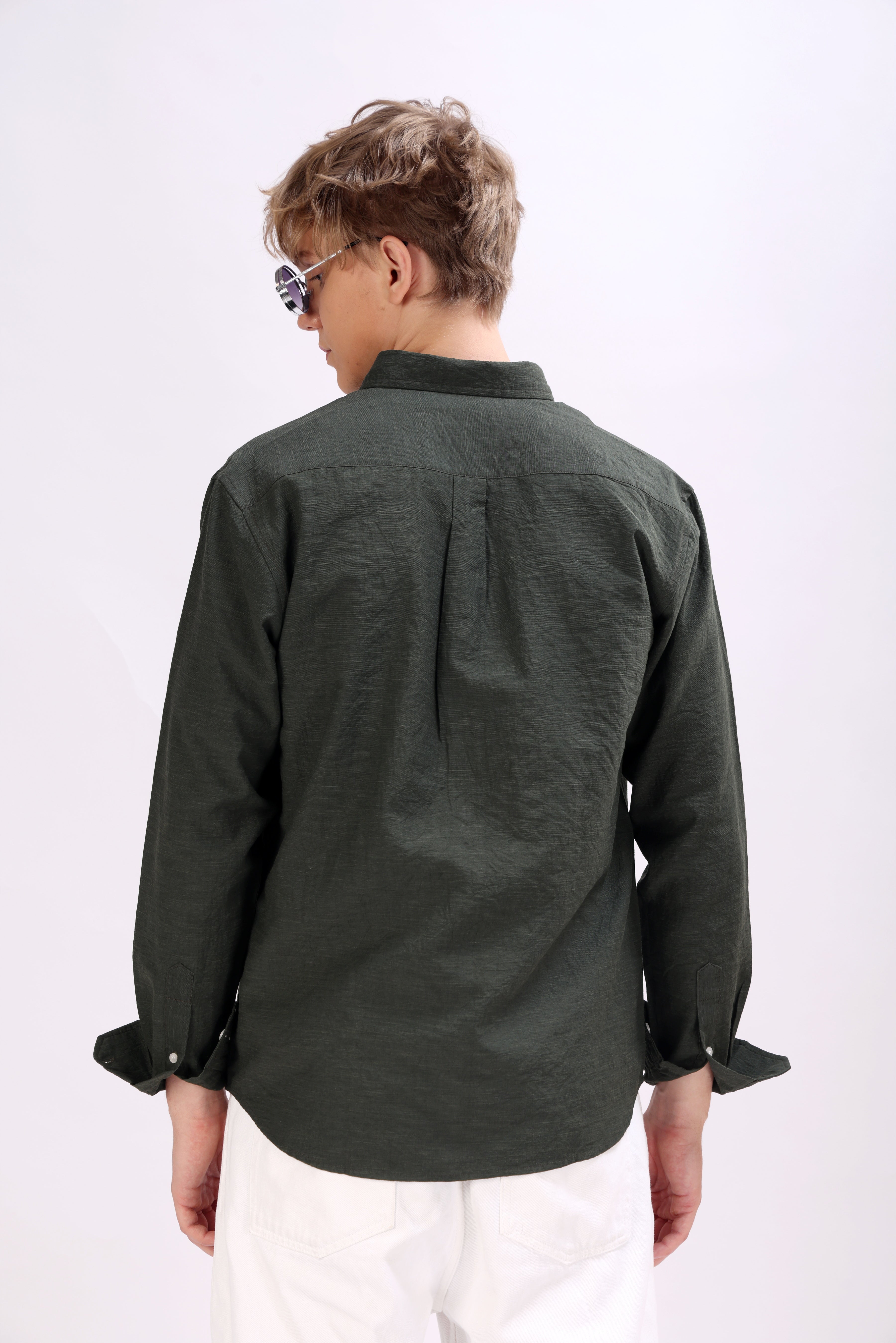 REGULAR FIT LINEN BLEND DOLPHIN EMBROIDERED SHIRT