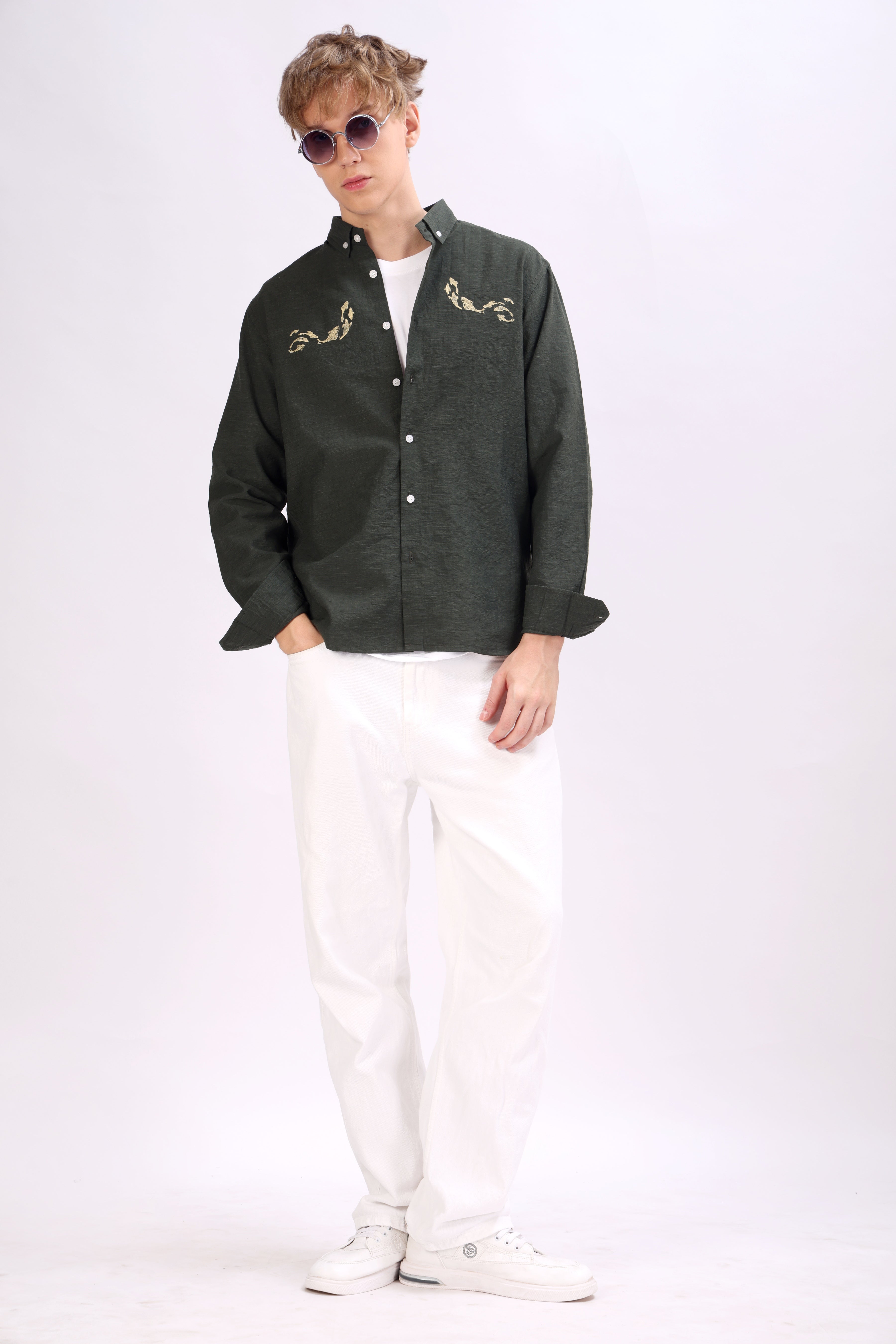 REGULAR FIT LINEN BLEND DOLPHIN EMBROIDERED SHIRT