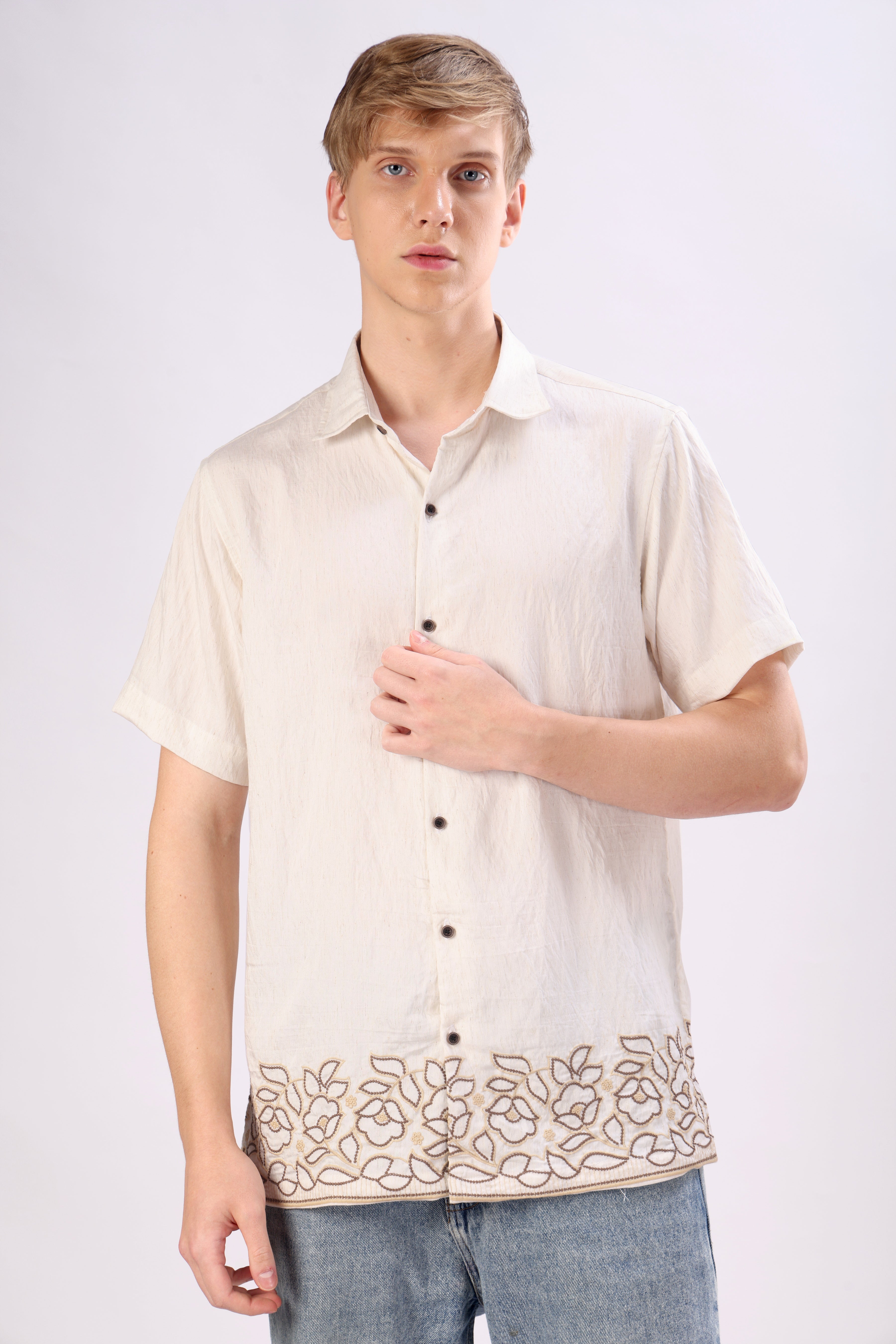 LINEN BLEND FLOWERS EMBROIDERED HALF SLEEVE  SHIRT