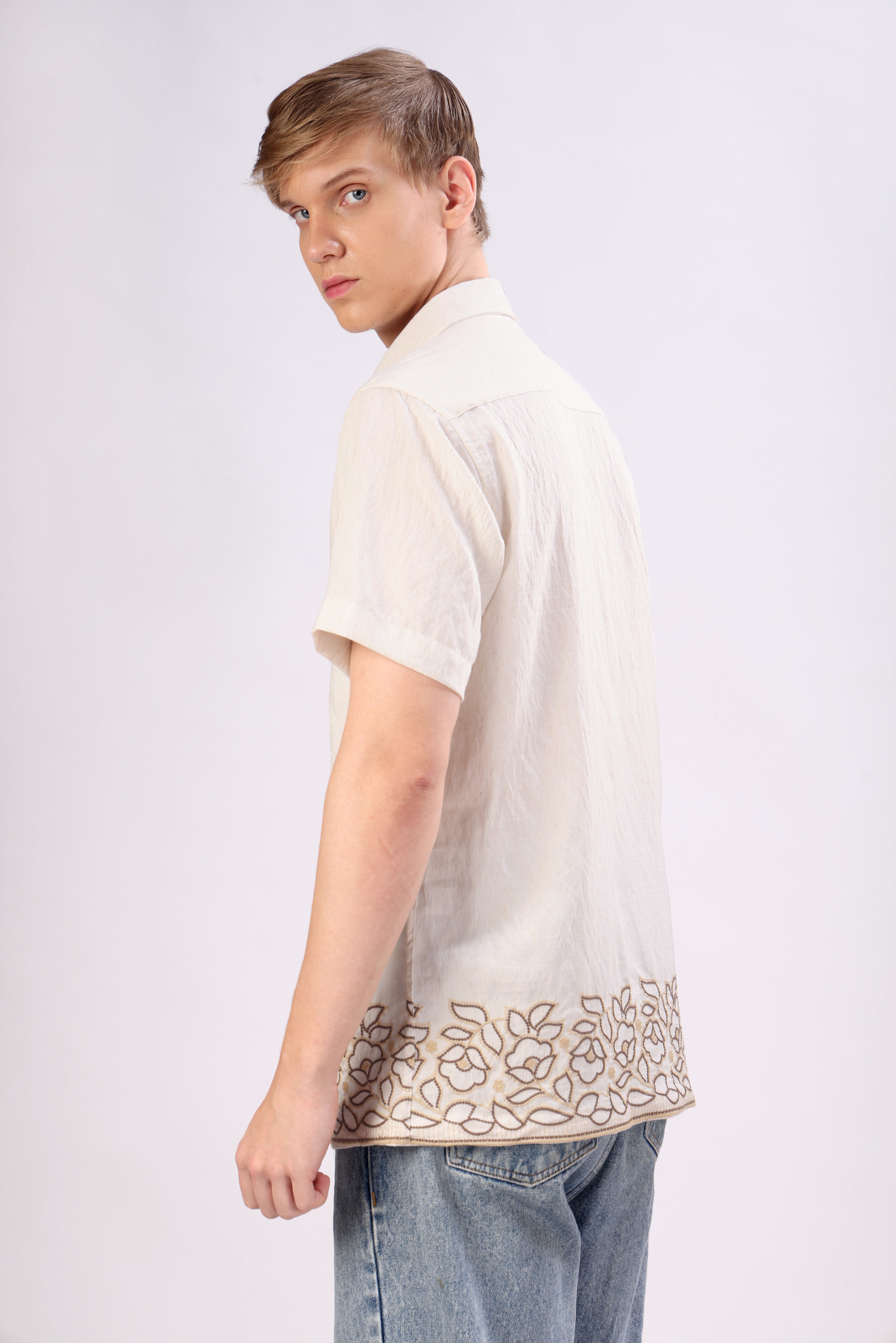LINEN BLEND FLOWERS EMBROIDERED HALF SLEEVE  SHIRT