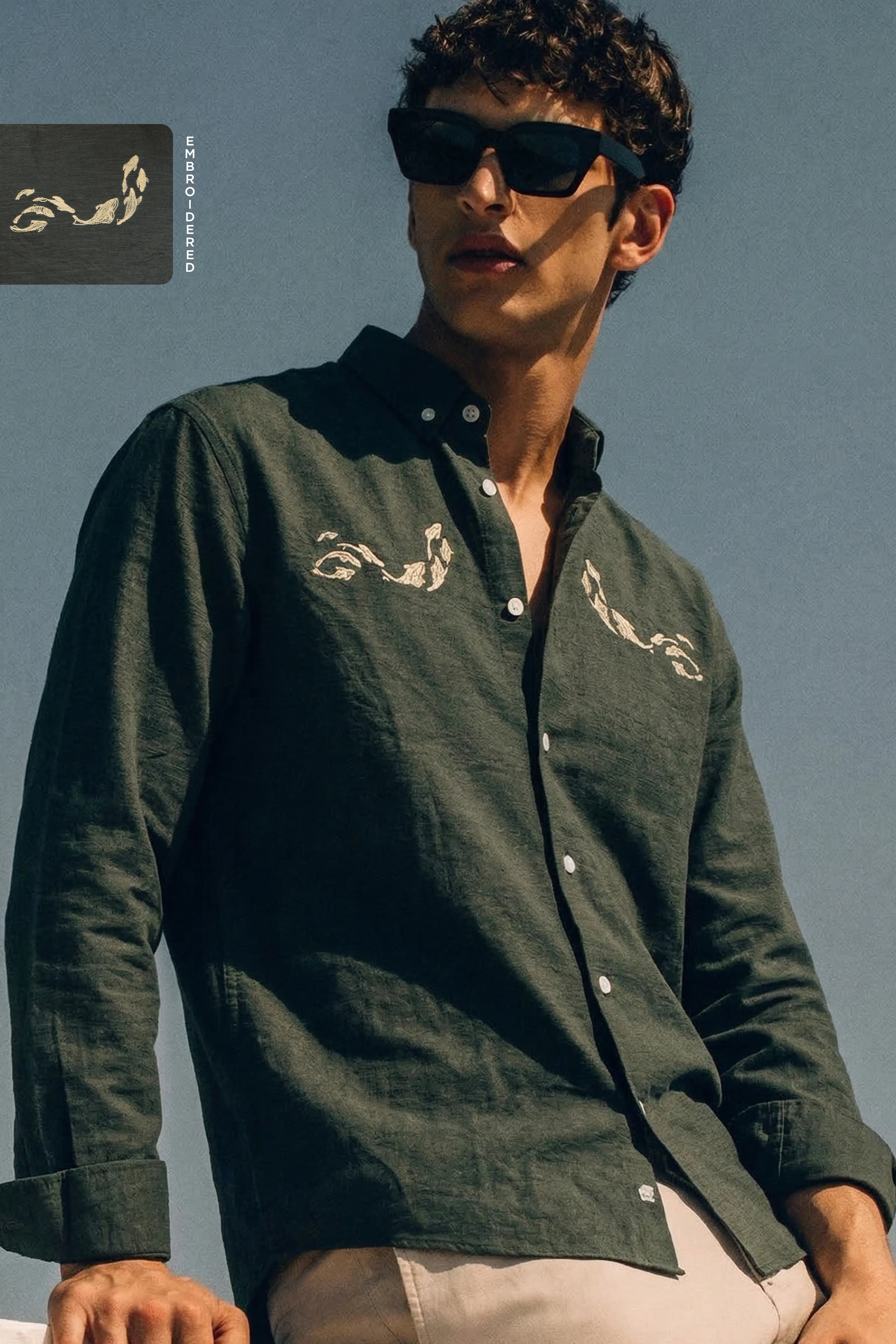 REGULAR FIT LINEN BLEND DOLPHIN EMBROIDERED SHIRT