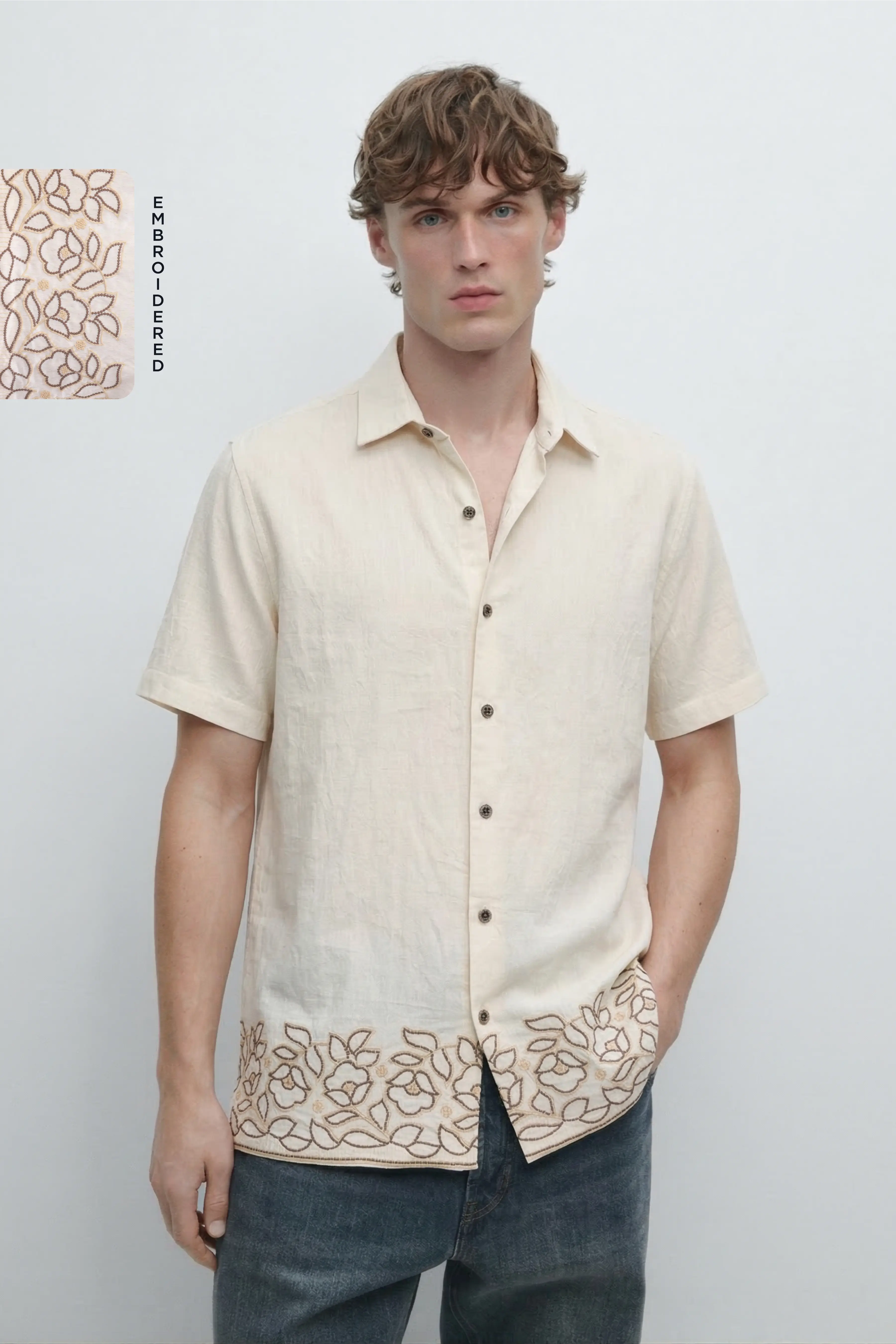 LINEN BLEND FLOWERS EMBROIDERED HALF SLEEVE  SHIRT