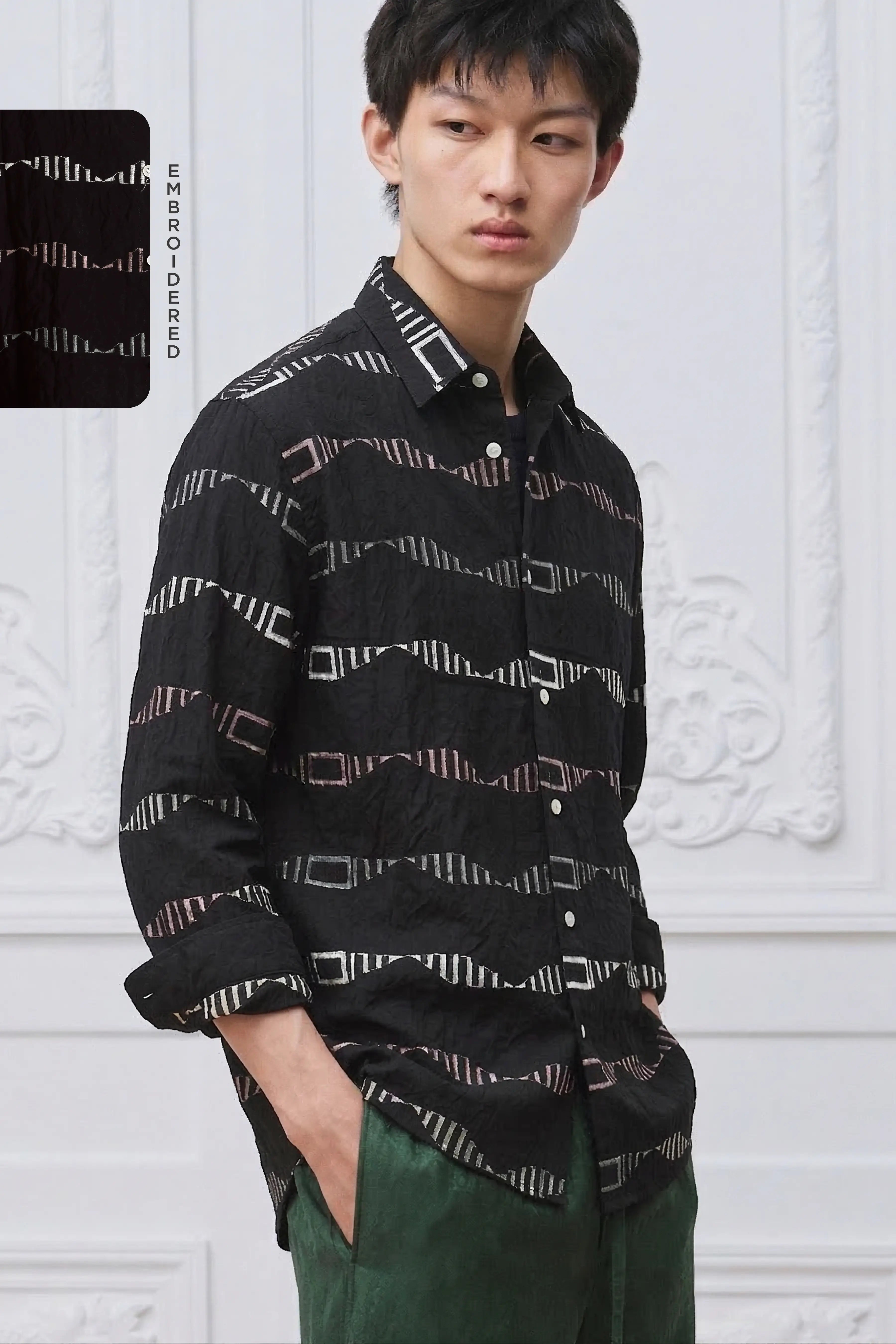 ZIGZAG GRAPH EMBROIDERED REGULAR FIT  VISCOSE  SHIRT