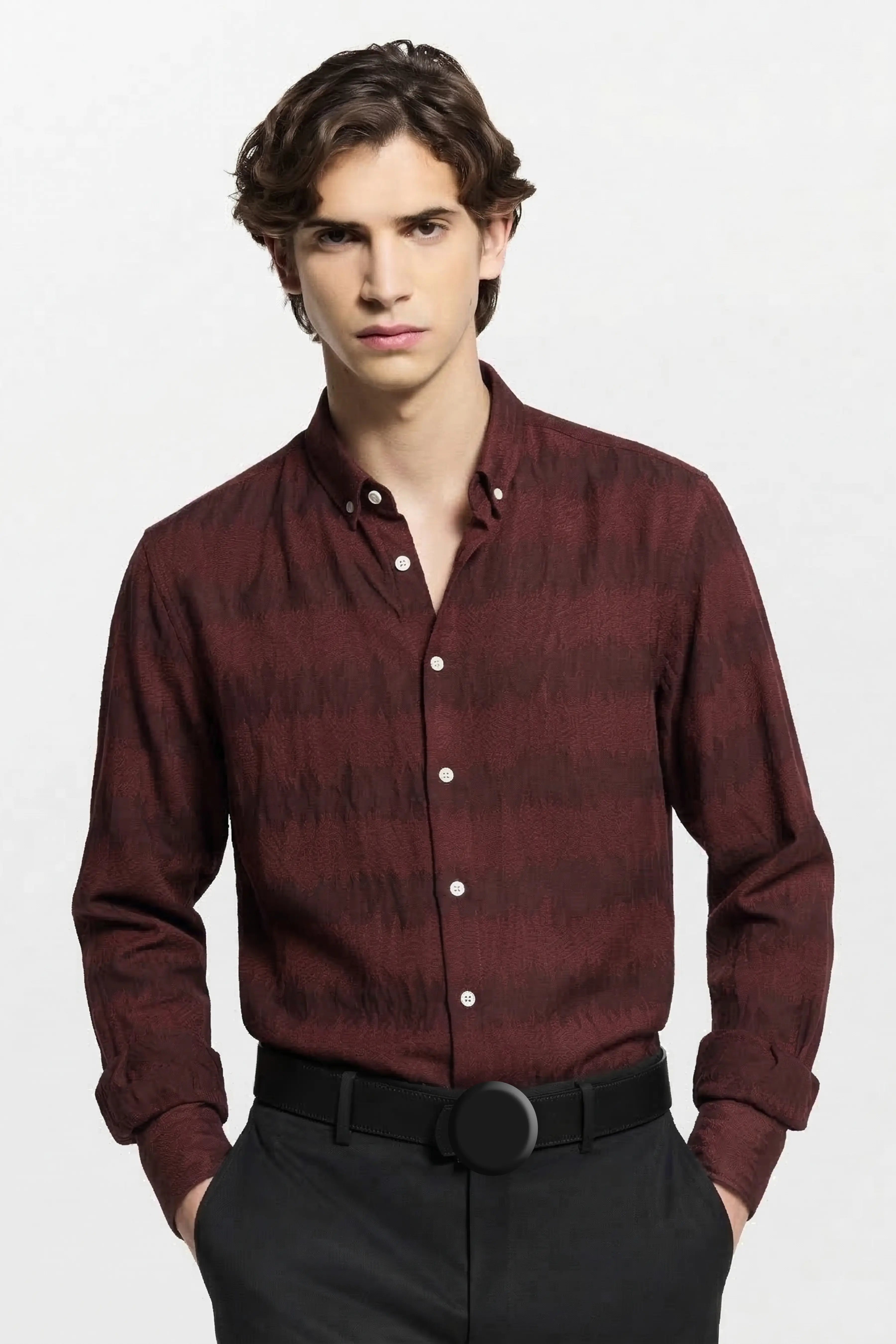 JACQUARD WAVE TEXTURE REGULAR FIT MAROON SHIRT