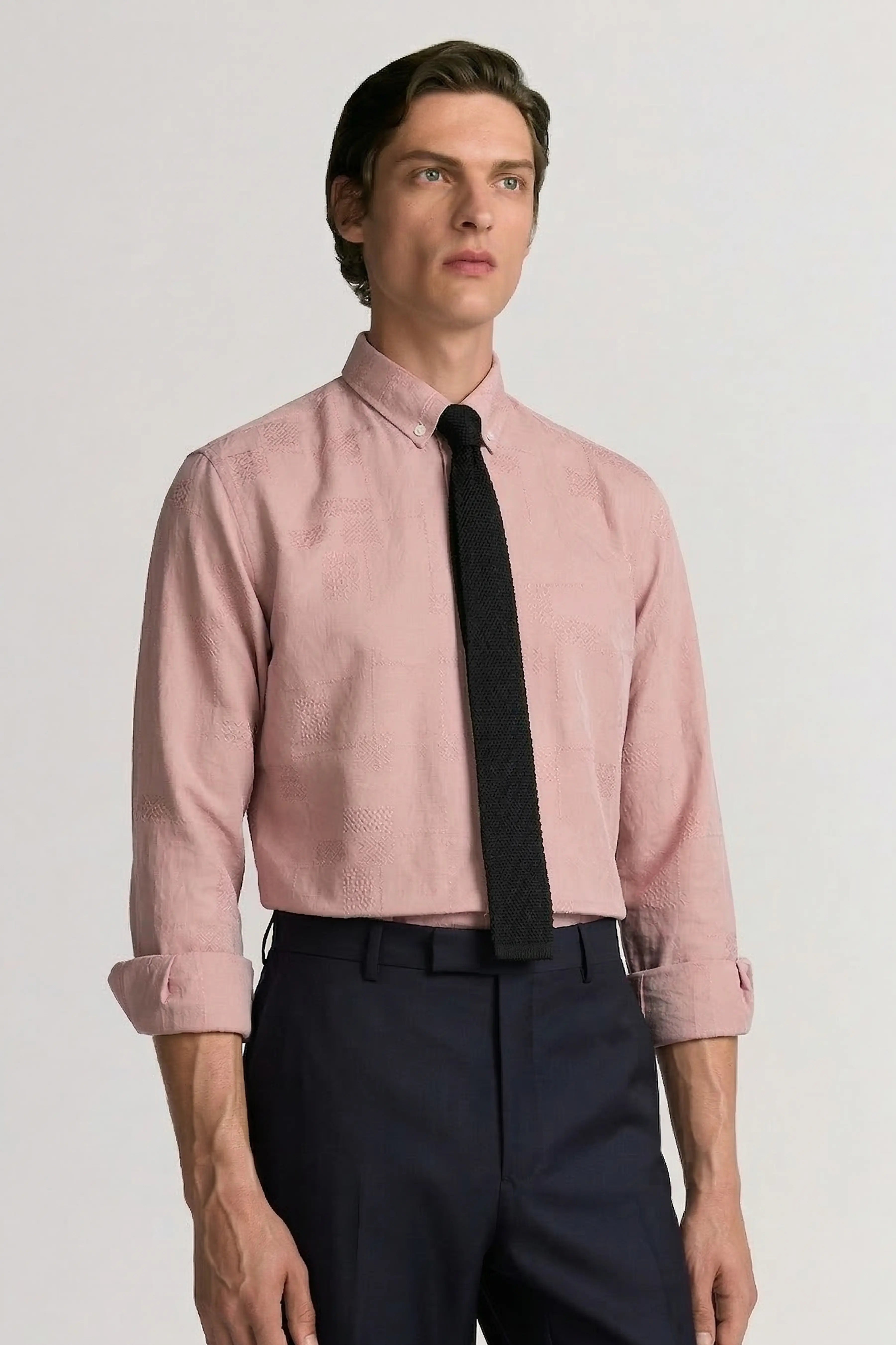 JACQUARD TEXTURE REGULAR FIT LIGHT PINK SHIRT